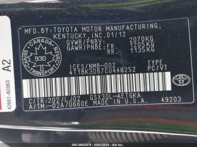 Photo 8 VIN: 4T1BK3DB7CU446252 - TOYOTA AVALON 