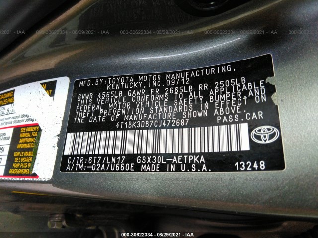 Photo 8 VIN: 4T1BK3DB7CU472687 - TOYOTA AVALON 