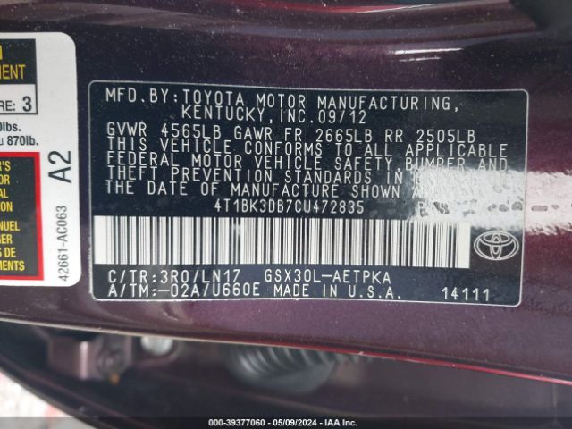 Photo 8 VIN: 4T1BK3DB7CU472835 - TOYOTA AVALON 