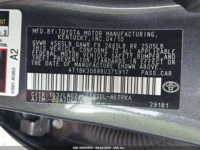 Photo 8 VIN: 4T1BK3DB8BU375917 - TOYOTA AVALON 