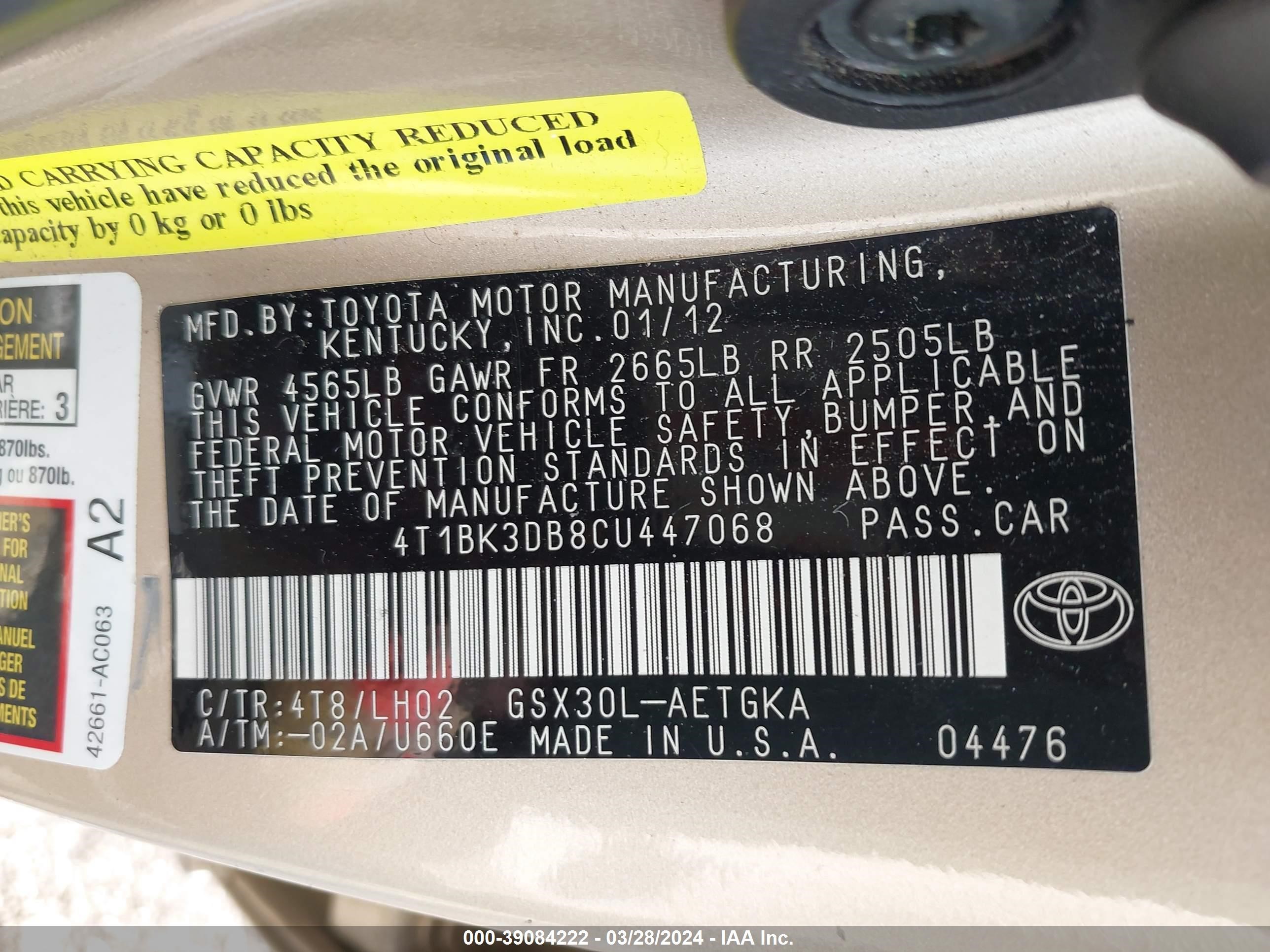 Photo 8 VIN: 4T1BK3DB8CU447068 - TOYOTA AVALON 