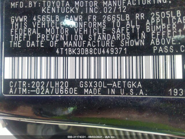 Photo 8 VIN: 4T1BK3DB8CU449371 - TOYOTA AVALON 