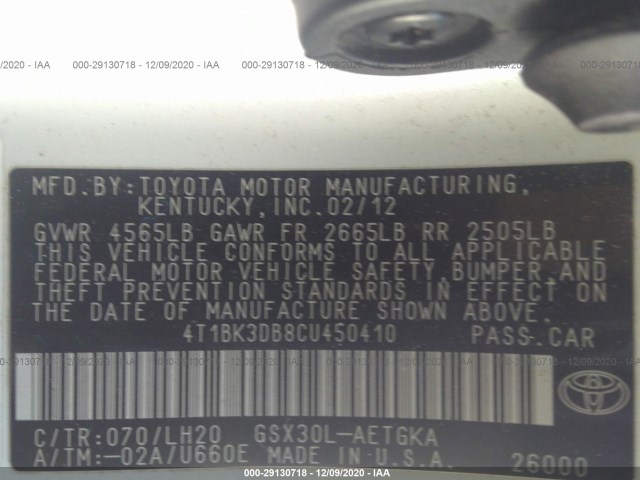 Photo 8 VIN: 4T1BK3DB8CU450410 - TOYOTA AVALON 