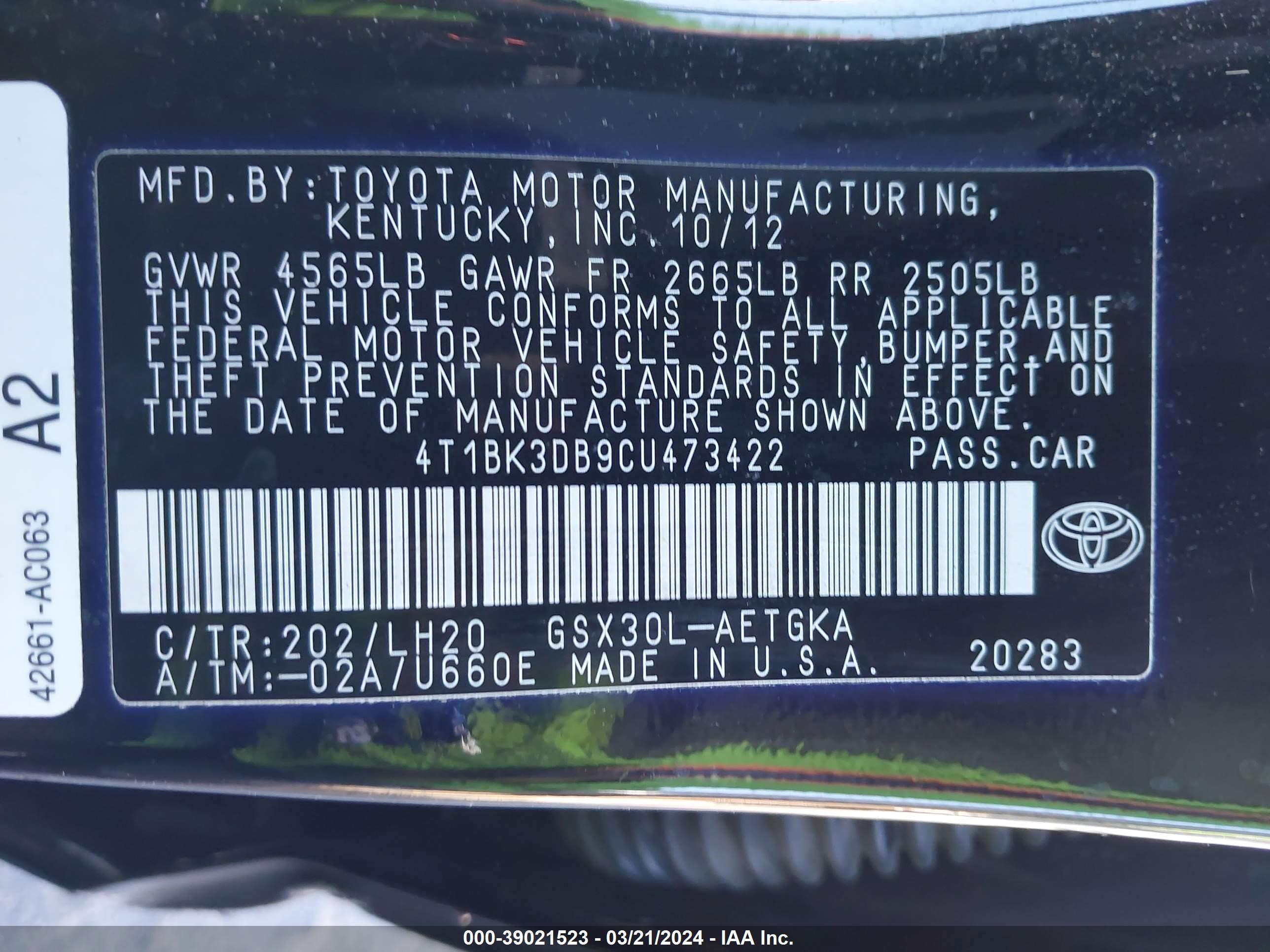 Photo 8 VIN: 4T1BK3DB9CU473422 - TOYOTA AVALON 