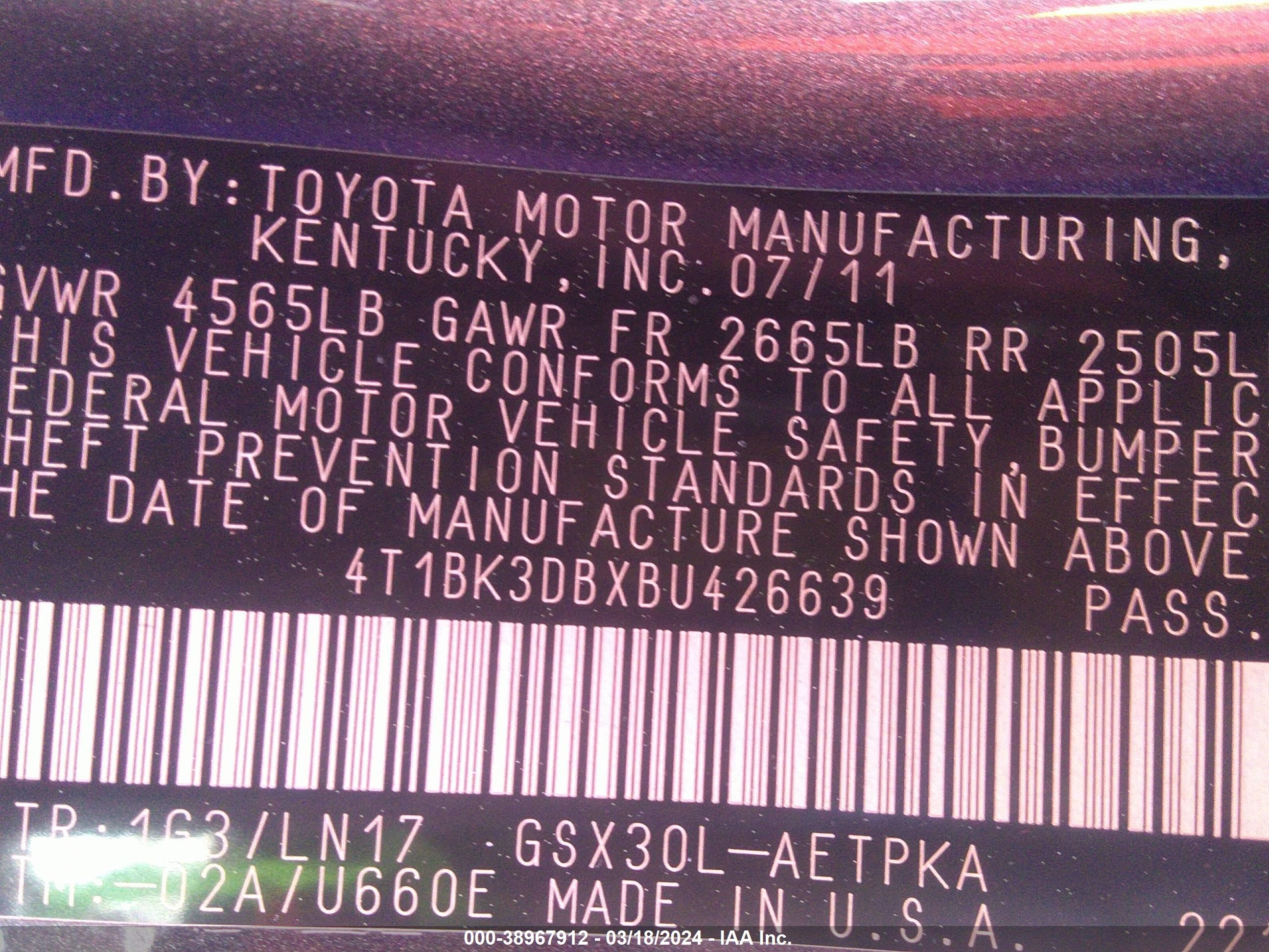 Photo 8 VIN: 4T1BK3DBXBU426639 - TOYOTA AVALON 