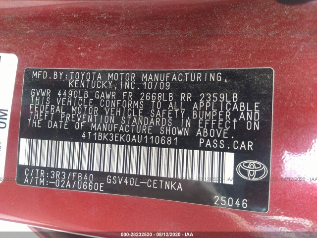 Photo 8 VIN: 4T1BK3EK0AU110681 - TOYOTA CAMRY 