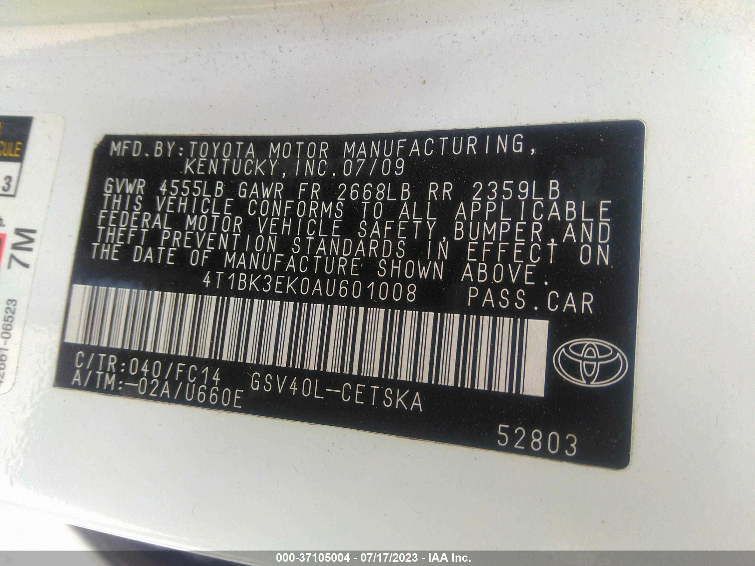 Photo 8 VIN: 4T1BK3EK0AU601008 - TOYOTA CAMRY 