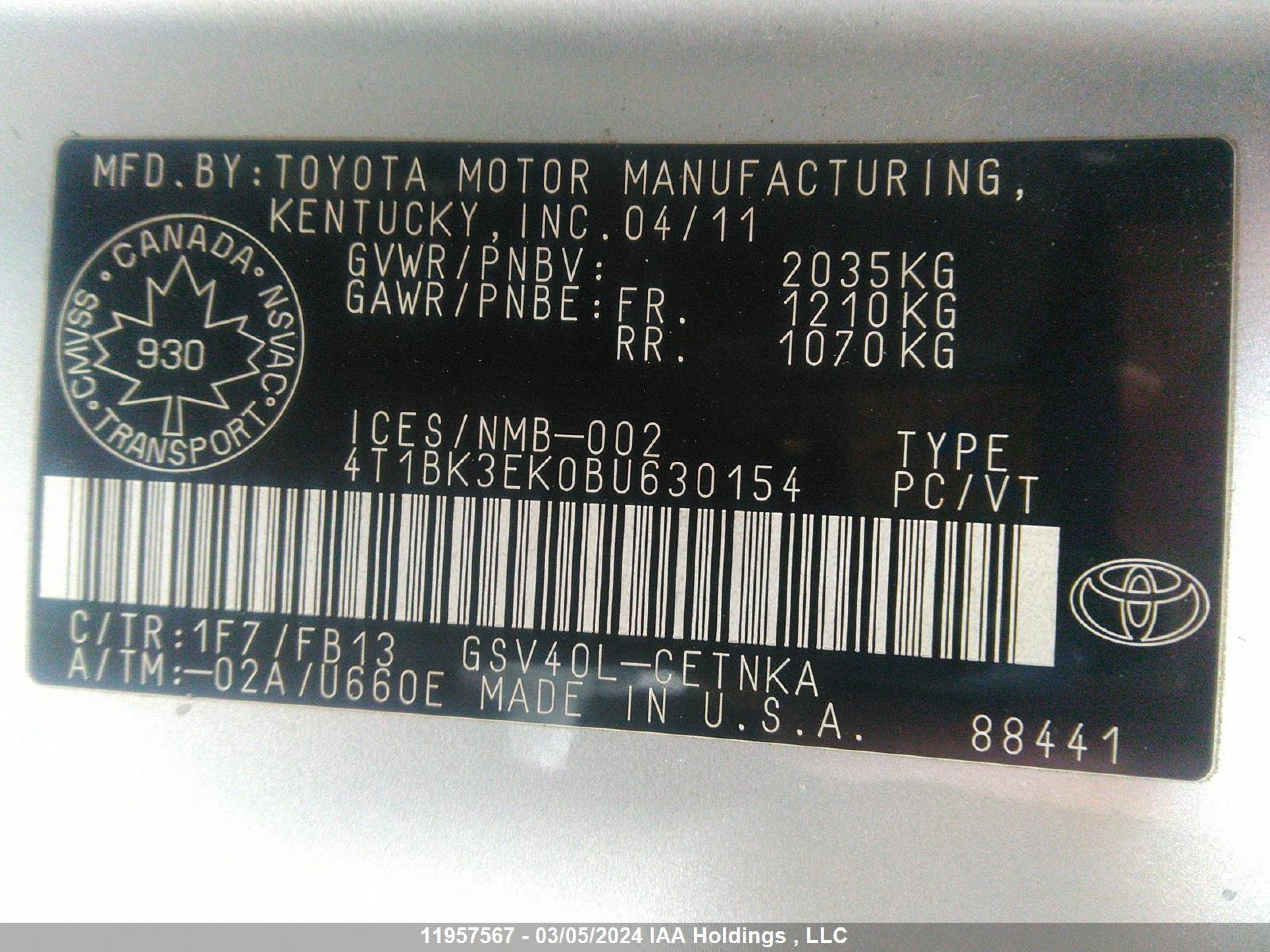 Photo 8 VIN: 4T1BK3EK0BU630154 - TOYOTA CAMRY 