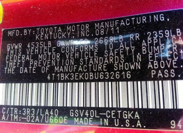 Photo 8 VIN: 4T1BK3EK0BU632616 - TOYOTA CAMRY 