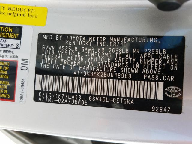 Photo 9 VIN: 4T1BK3EK2BU618989 - TOYOTA CAMRY SE 