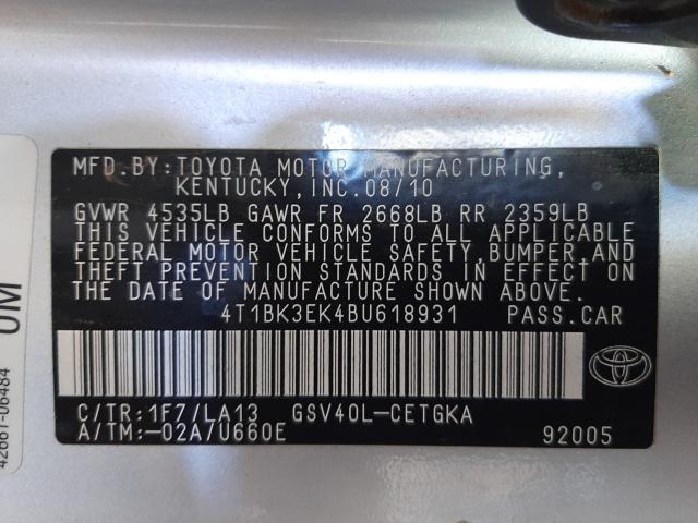 Photo 9 VIN: 4T1BK3EK4BU618931 - TOYOTA CAMRY SE 