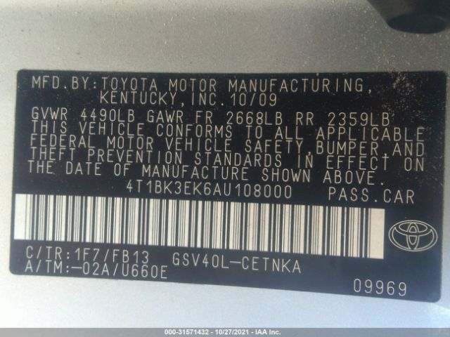 Photo 8 VIN: 4T1BK3EK6AU108000 - TOYOTA CAMRY 