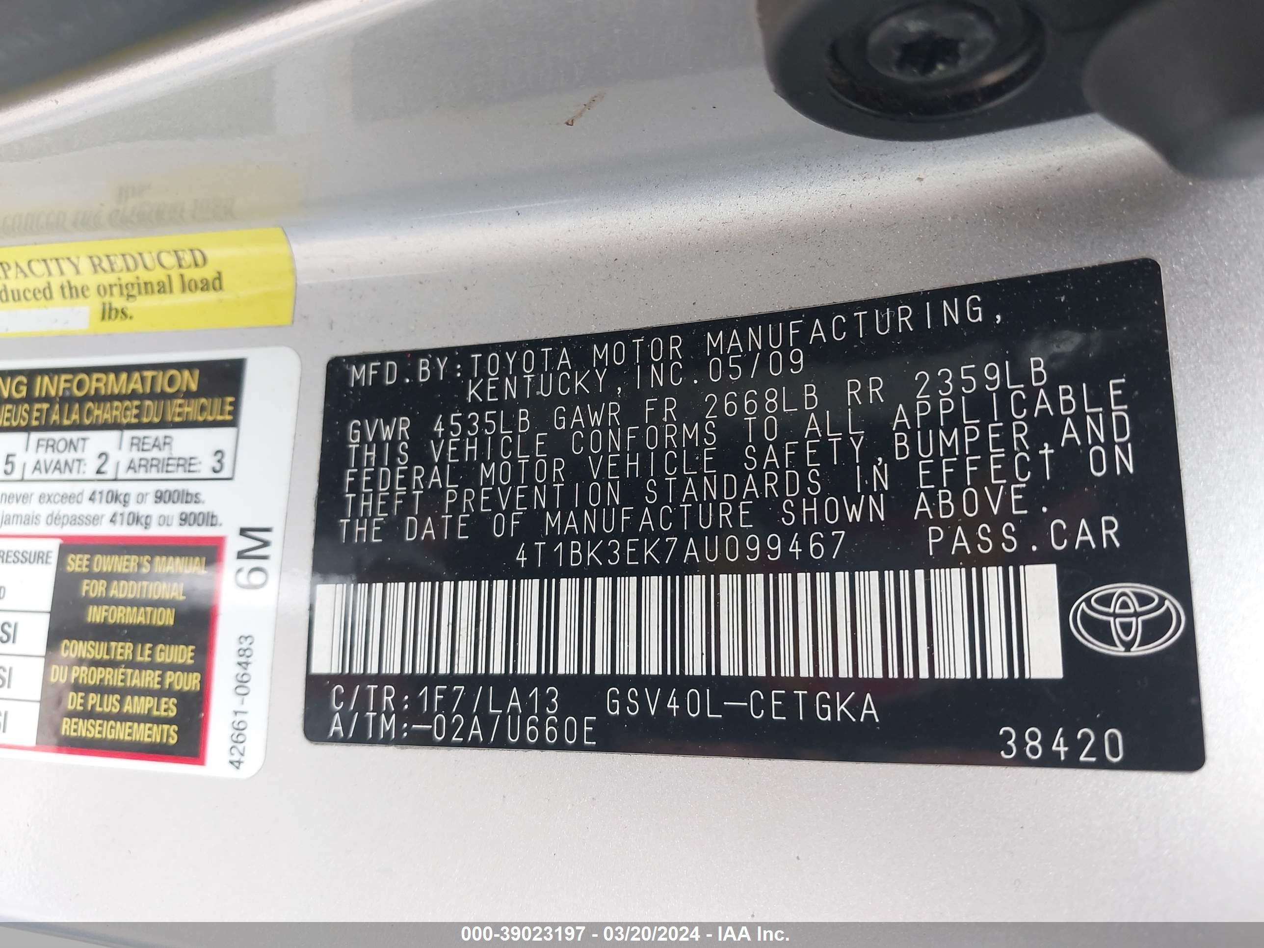 Photo 8 VIN: 4T1BK3EK7AU099467 - TOYOTA CAMRY 