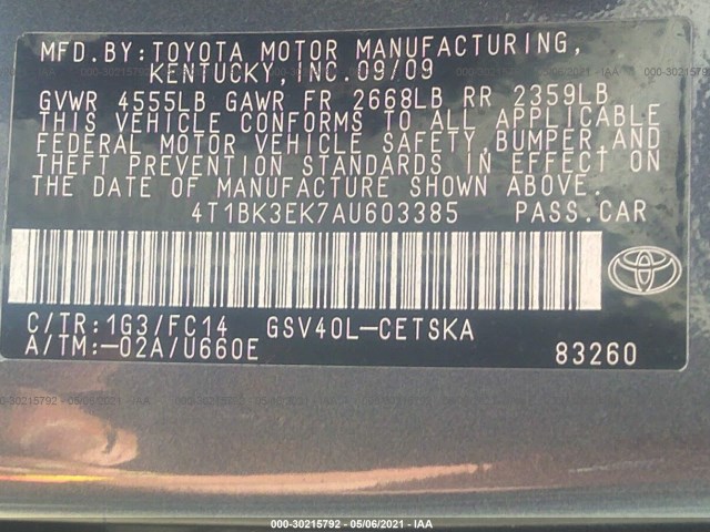 Photo 8 VIN: 4T1BK3EK7AU603385 - TOYOTA CAMRY 