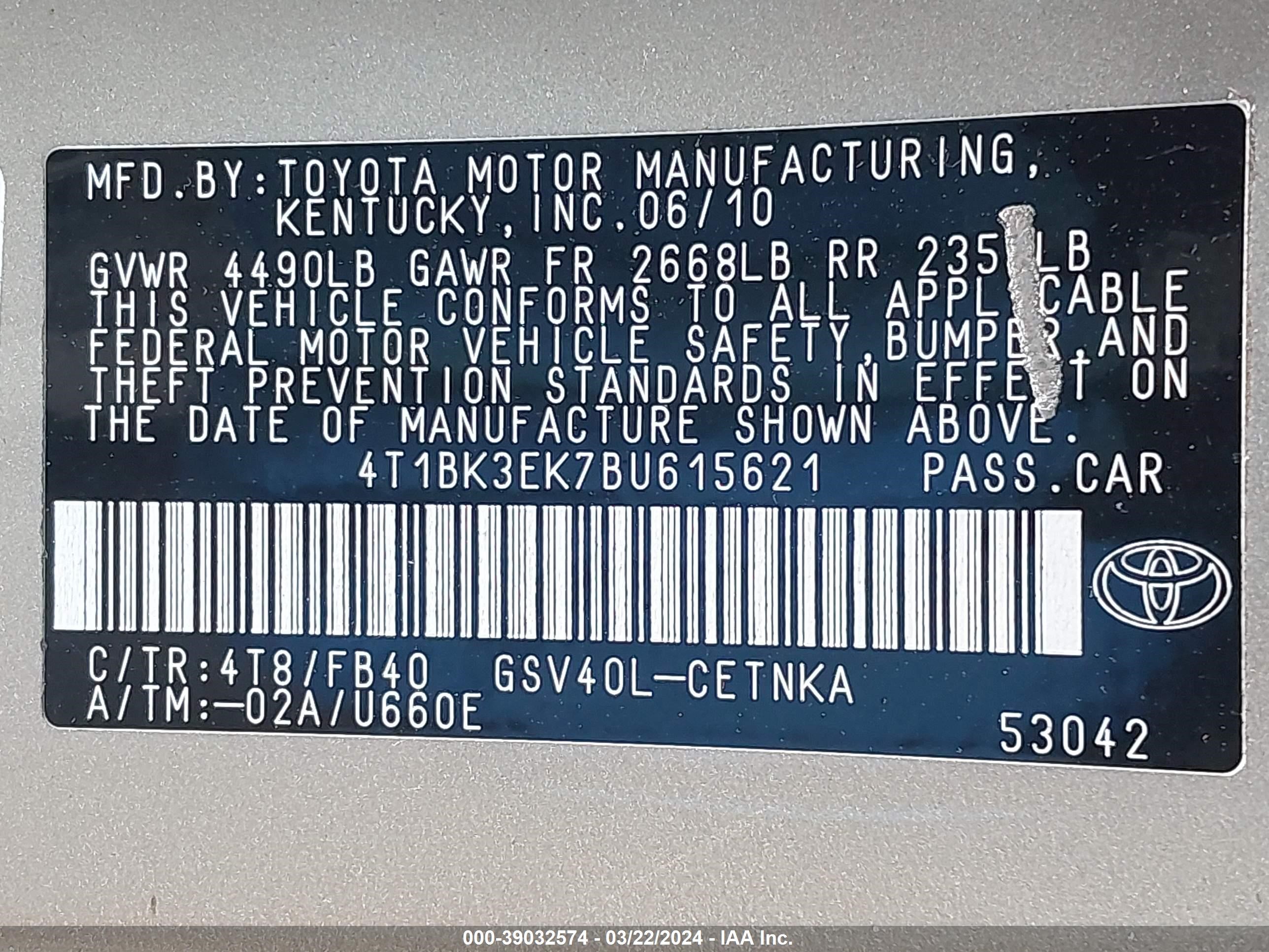 Photo 8 VIN: 4T1BK3EK7BU615621 - TOYOTA CAMRY 