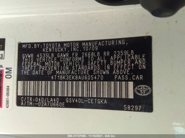 Photo 8 VIN: 4T1BK3EK8AU605470 - TOYOTA CAMRY 