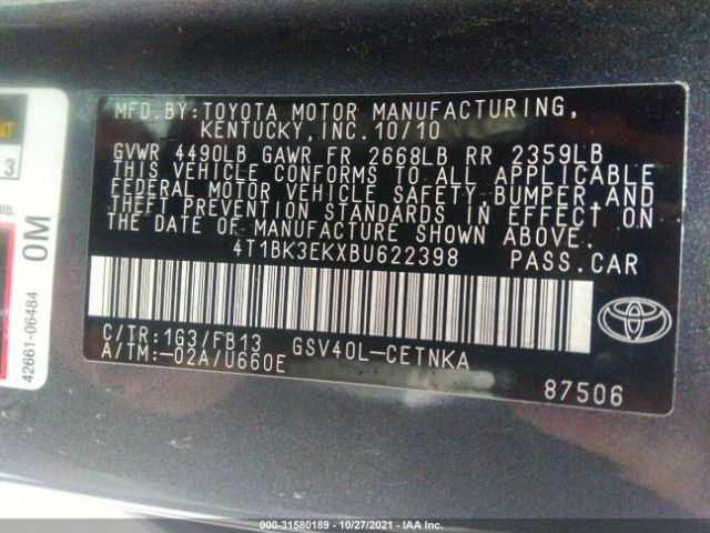 Photo 8 VIN: 4T1BK3EKXBU622398 - TOYOTA CAMRY 