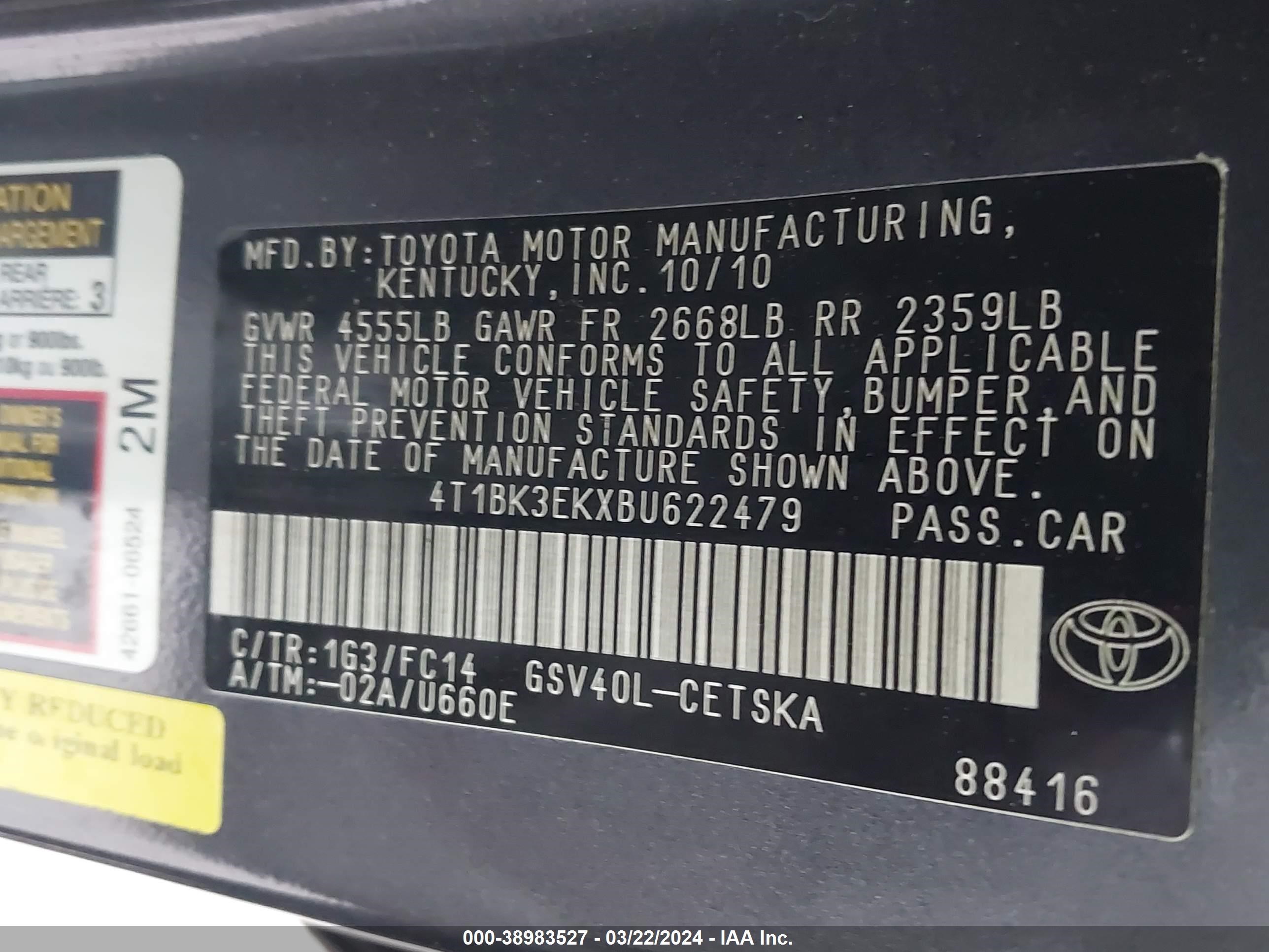 Photo 8 VIN: 4T1BK3EKXBU622479 - TOYOTA CAMRY 