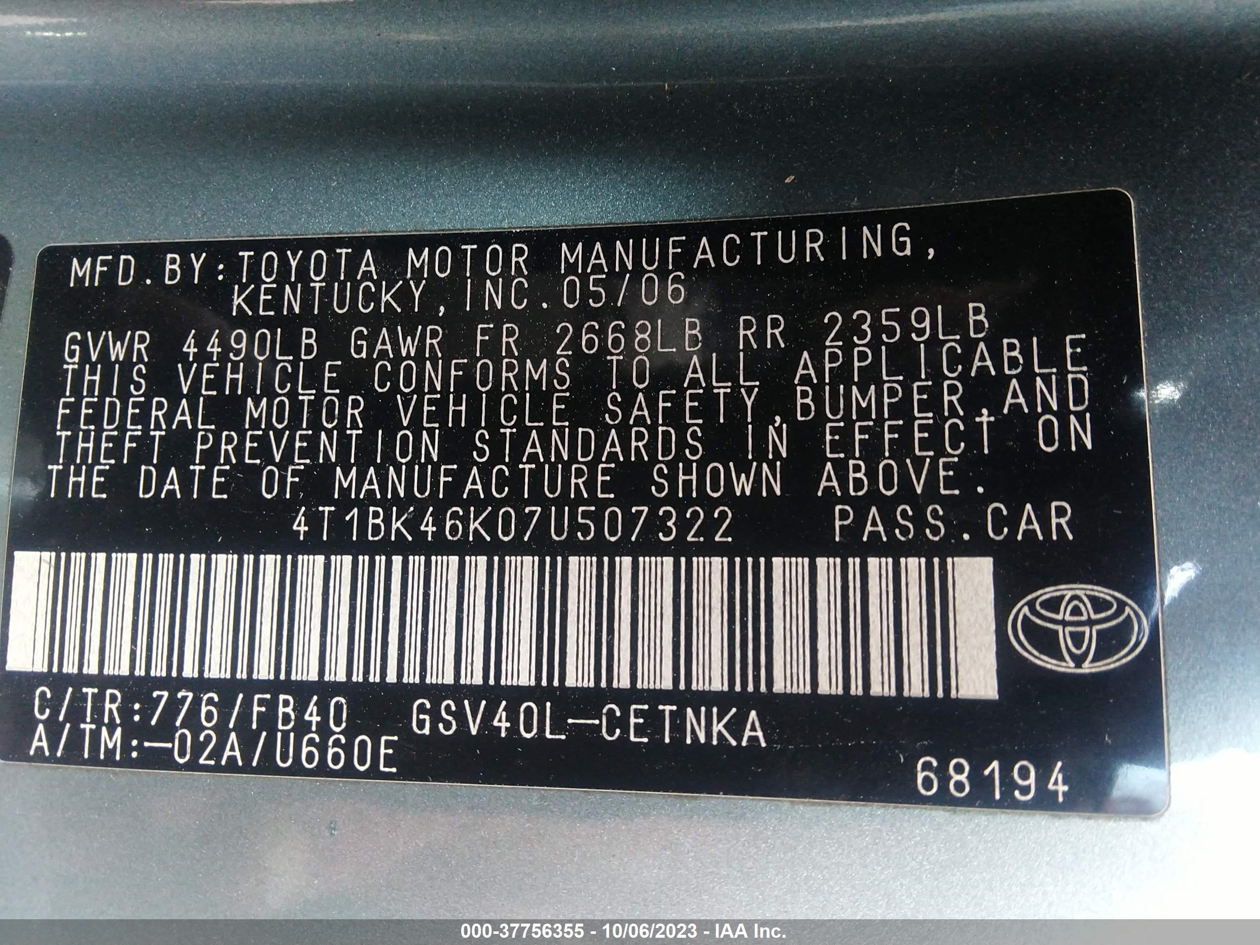 Photo 8 VIN: 4T1BK46K07U507322 - TOYOTA CAMRY 