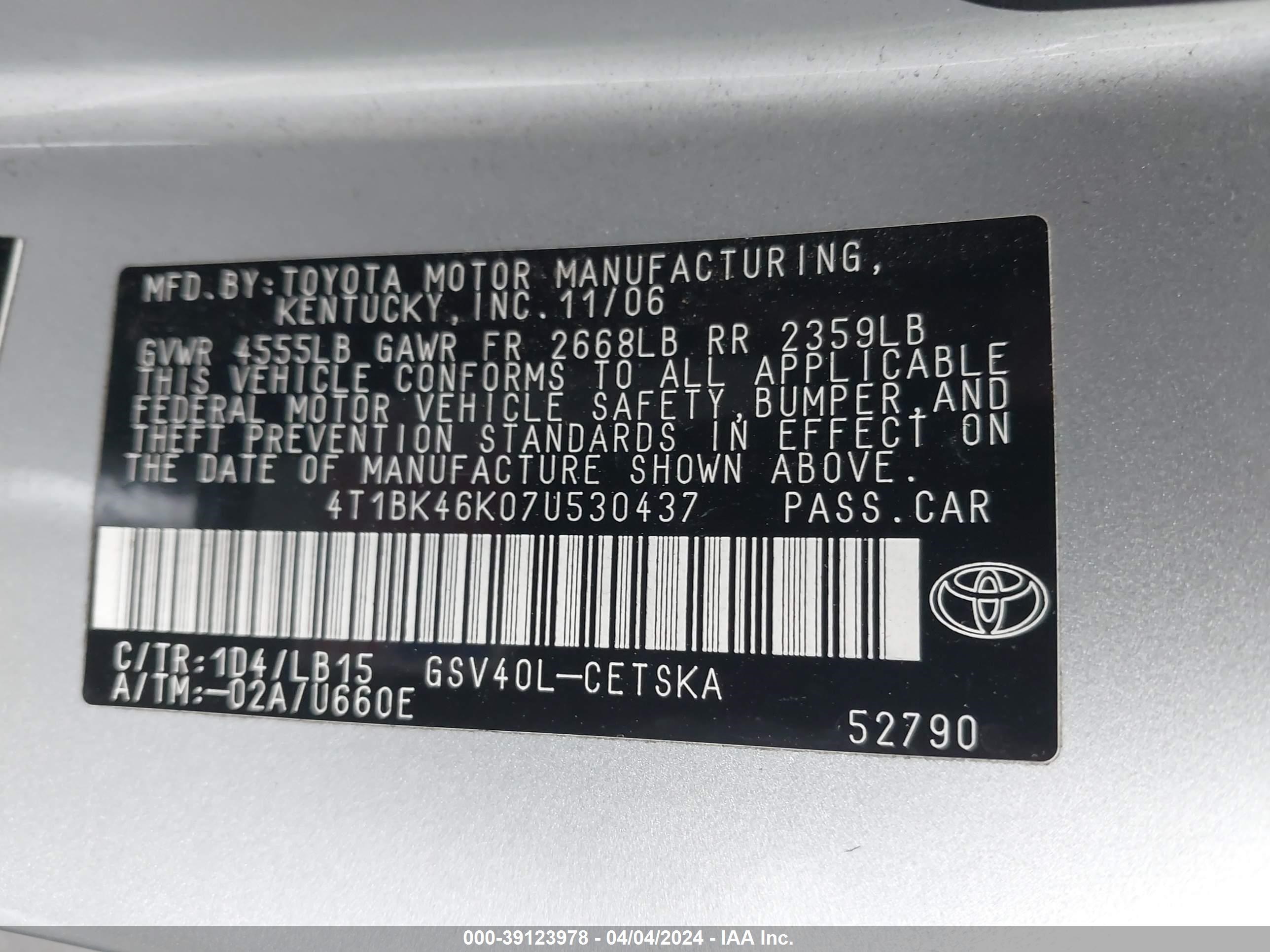 Photo 8 VIN: 4T1BK46K07U530437 - TOYOTA CAMRY 