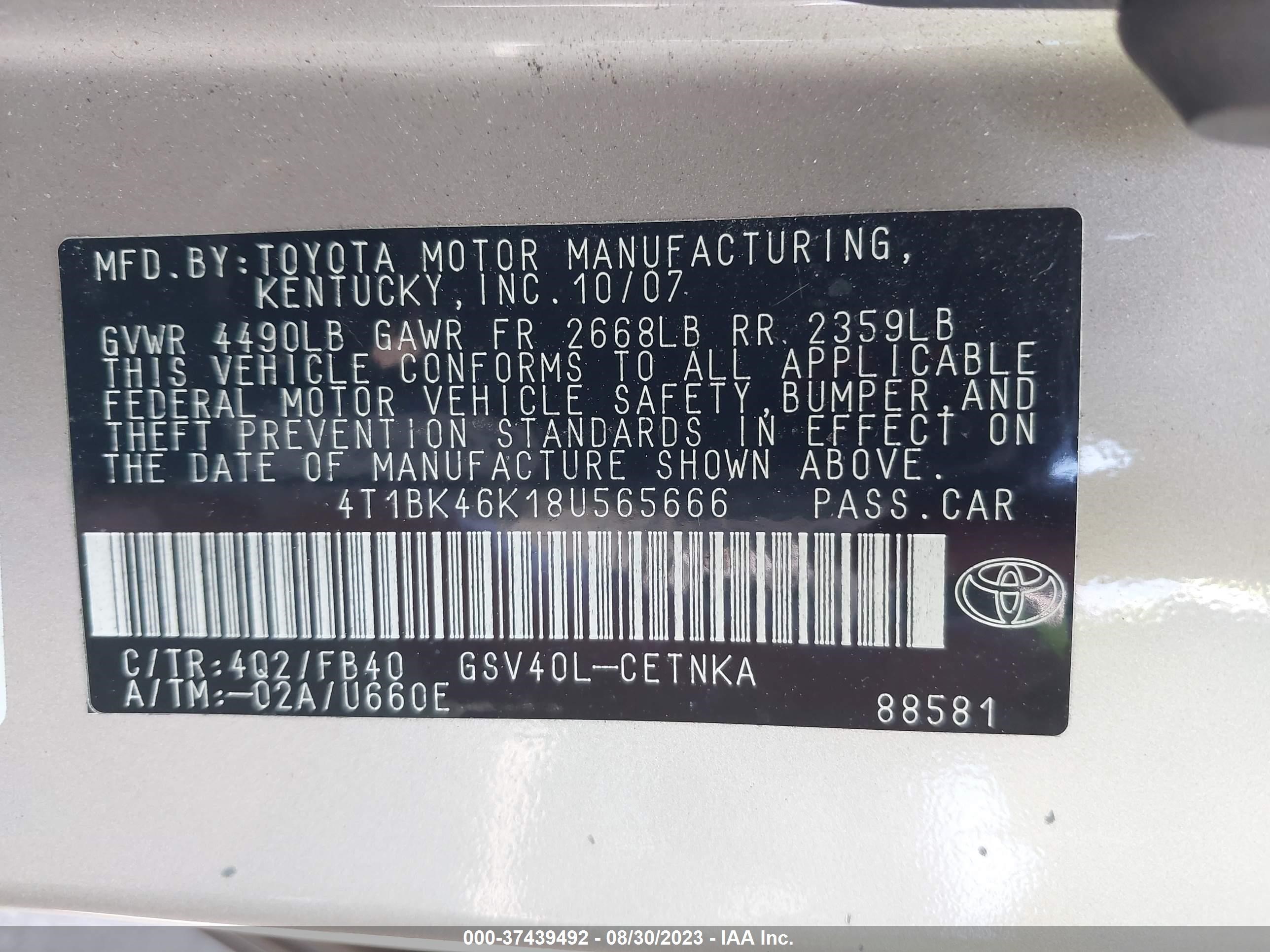 Photo 8 VIN: 4T1BK46K18U565666 - TOYOTA CAMRY 