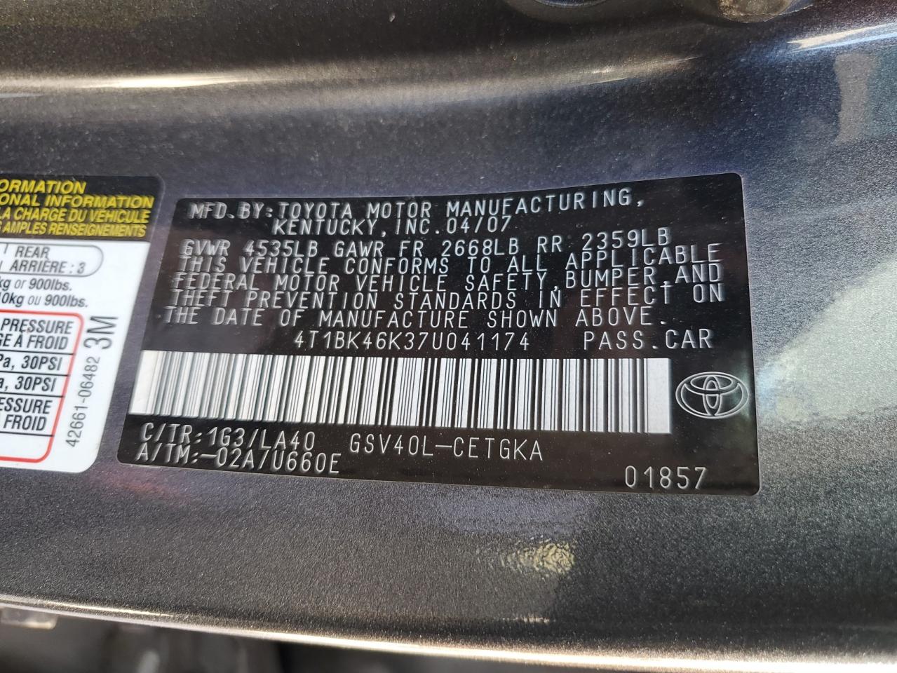 Photo 11 VIN: 4T1BK46K37U041174 - TOYOTA CAMRY 