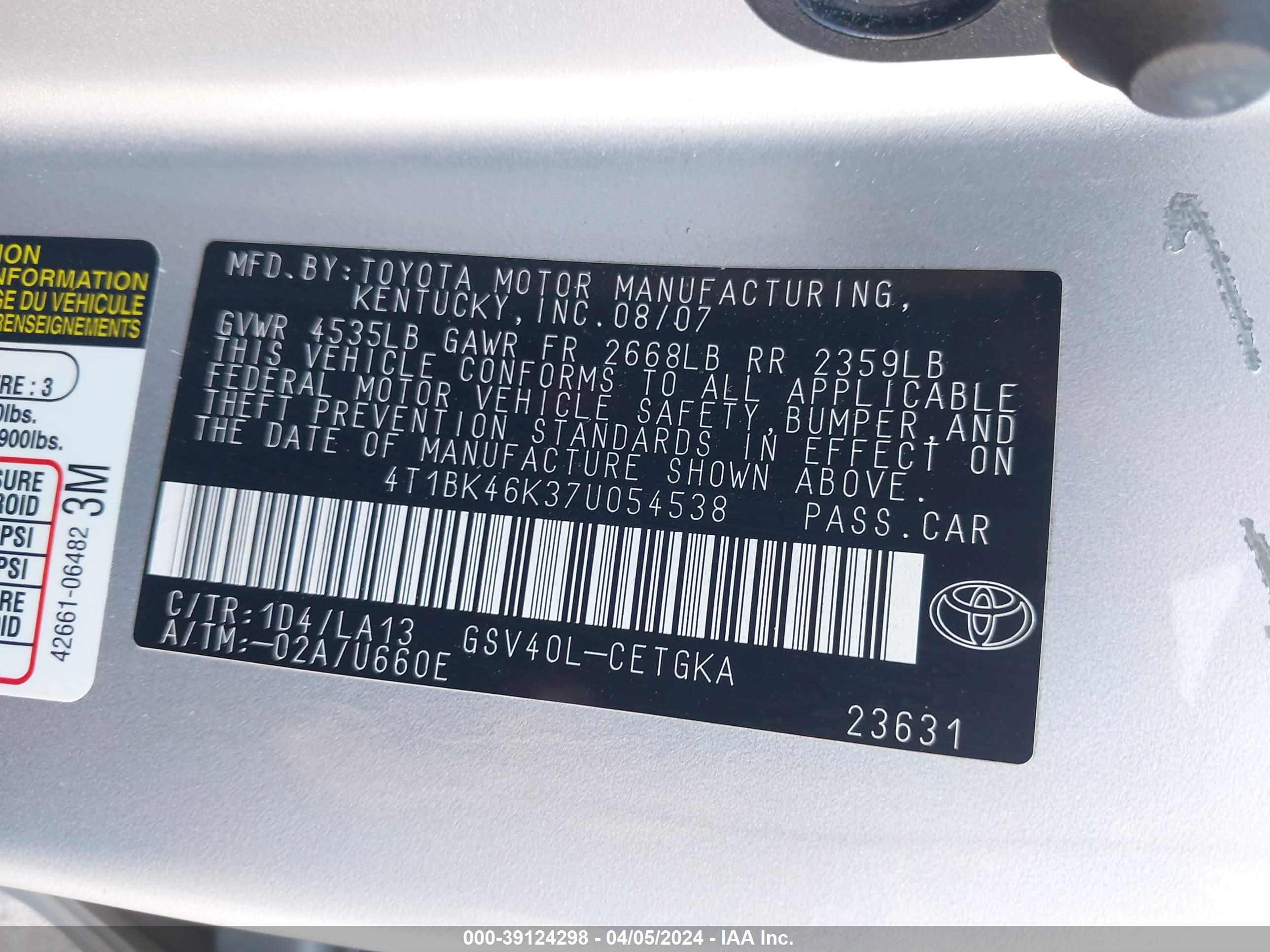 Photo 8 VIN: 4T1BK46K37U054538 - TOYOTA CAMRY 