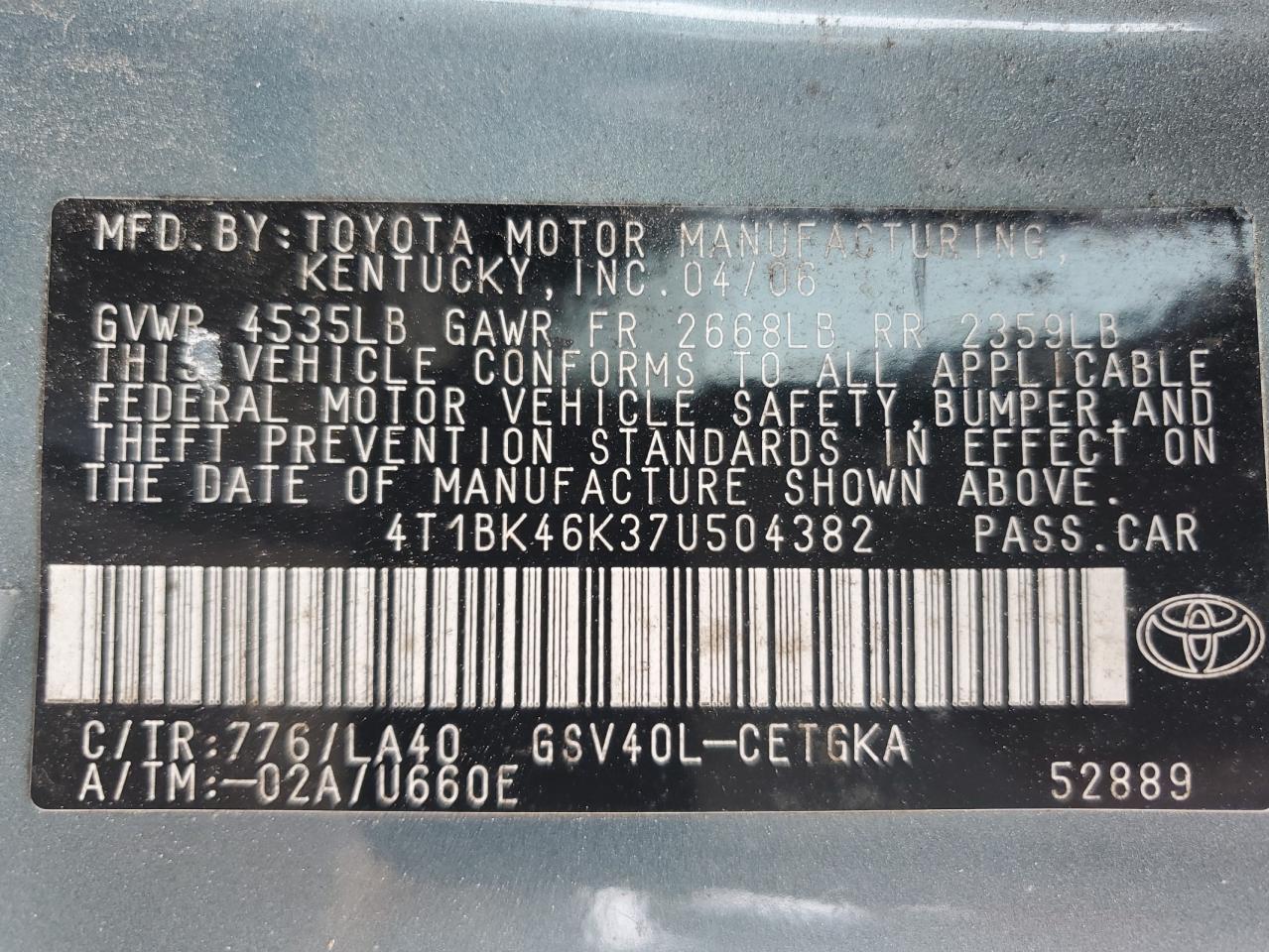 Photo 12 VIN: 4T1BK46K37U504382 - TOYOTA CAMRY 