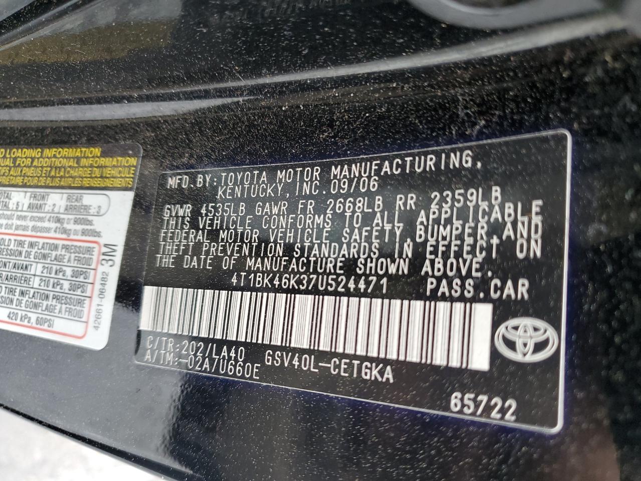 Photo 11 VIN: 4T1BK46K37U524471 - TOYOTA CAMRY 