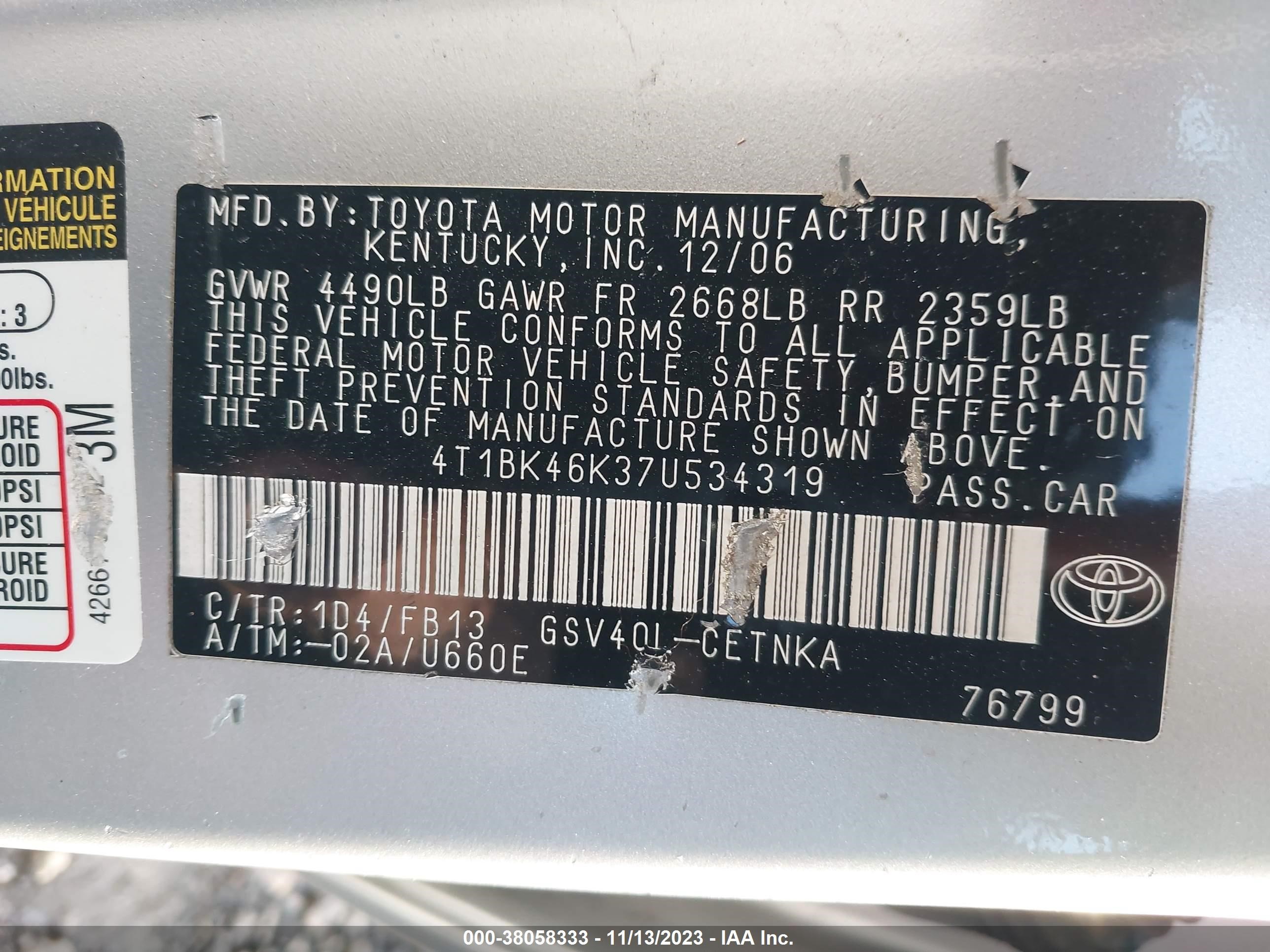 Photo 8 VIN: 4T1BK46K37U534319 - TOYOTA CAMRY 