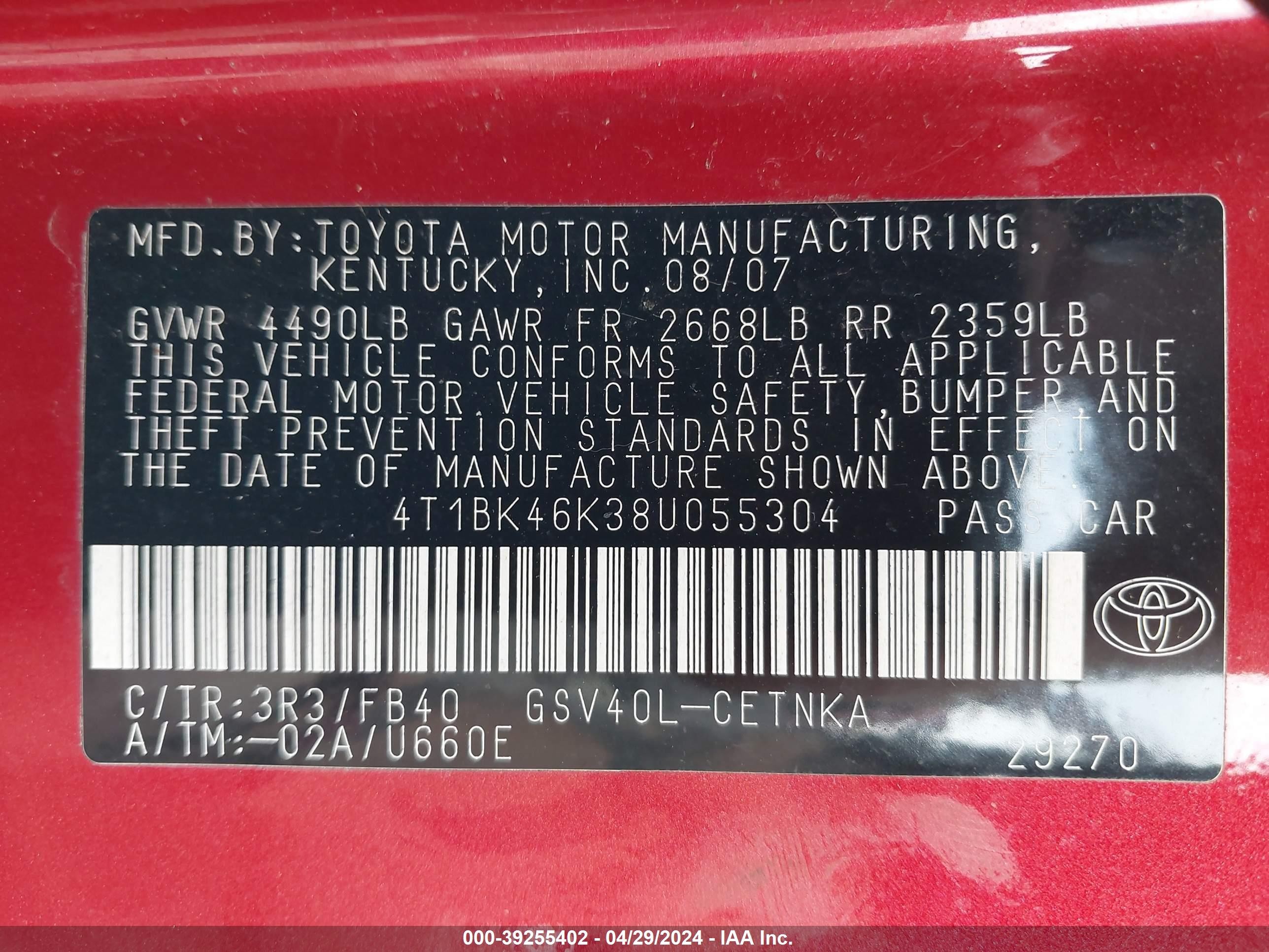 Photo 8 VIN: 4T1BK46K38U055304 - TOYOTA CAMRY 