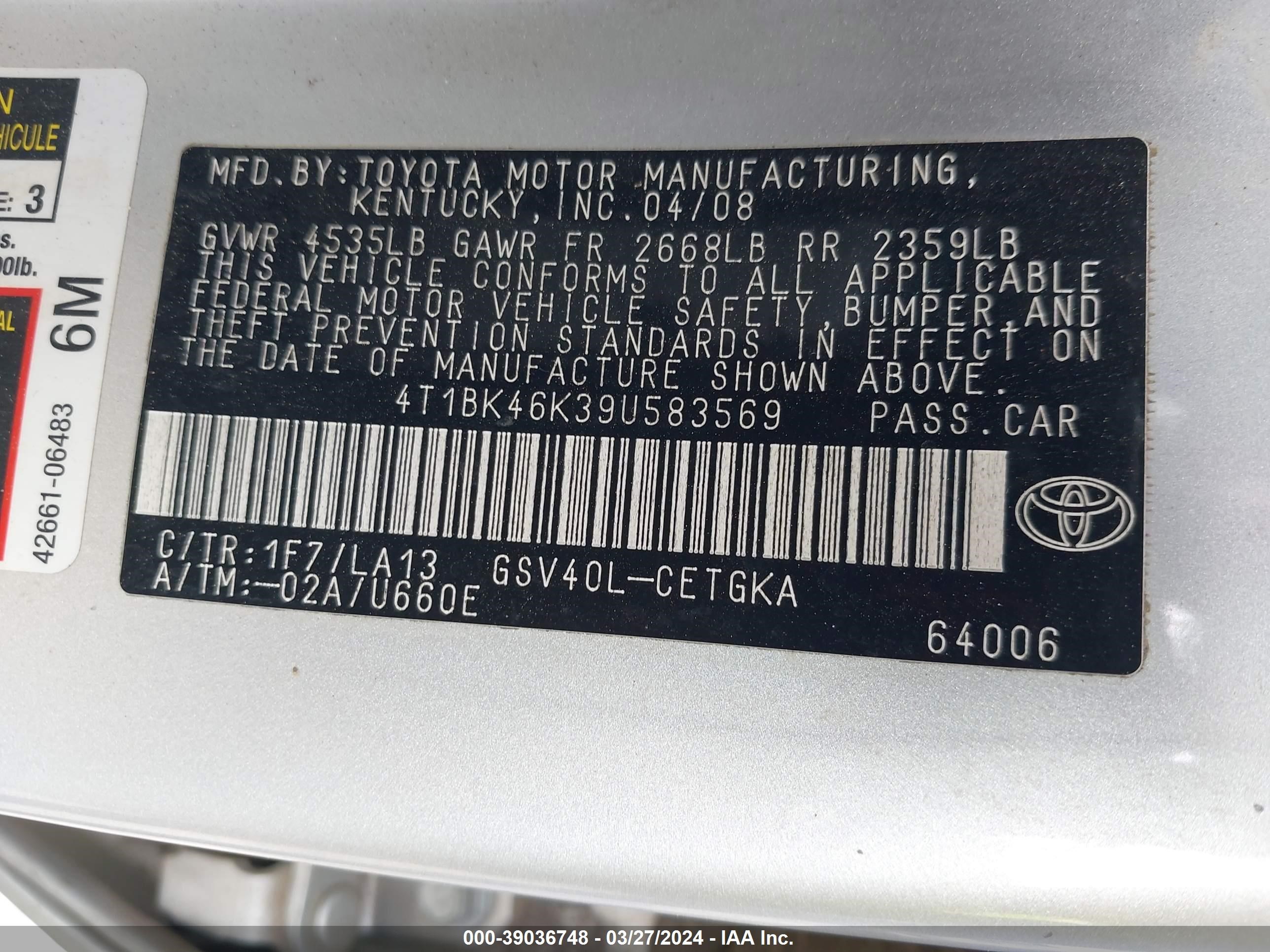 Photo 8 VIN: 4T1BK46K39U583569 - TOYOTA CAMRY 