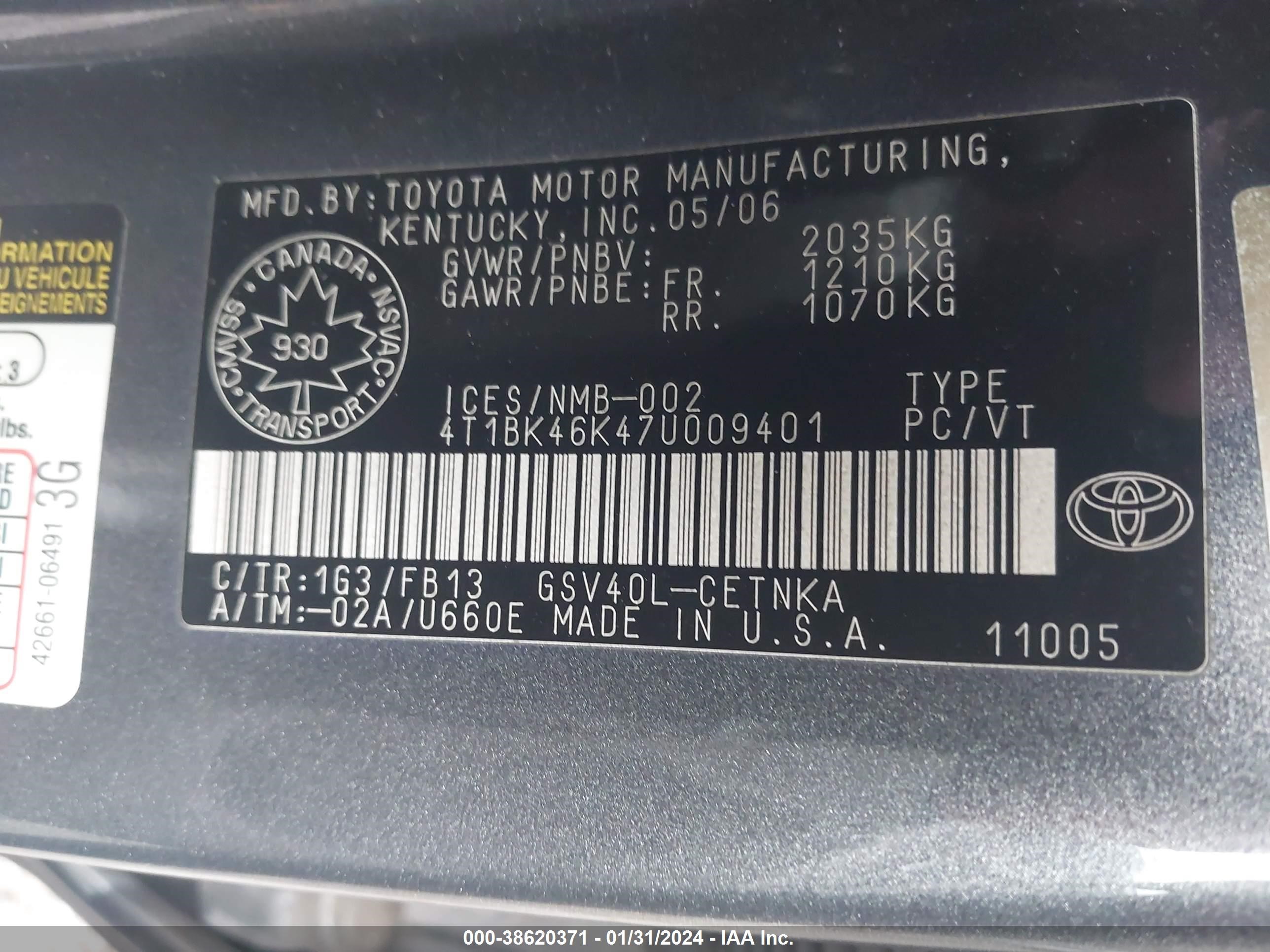 Photo 8 VIN: 4T1BK46K47U009401 - TOYOTA CAMRY 