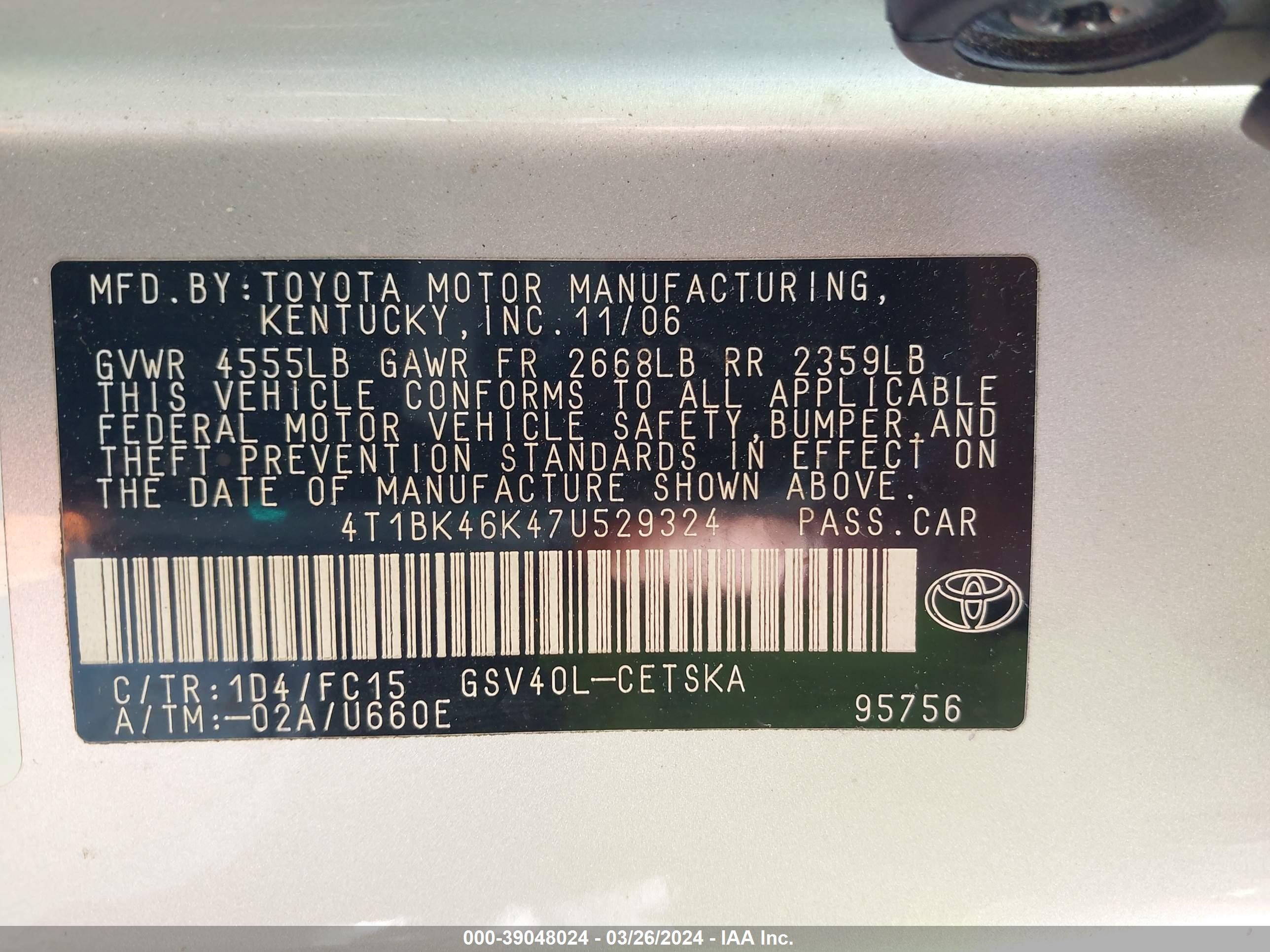 Photo 8 VIN: 4T1BK46K47U529324 - TOYOTA CAMRY 