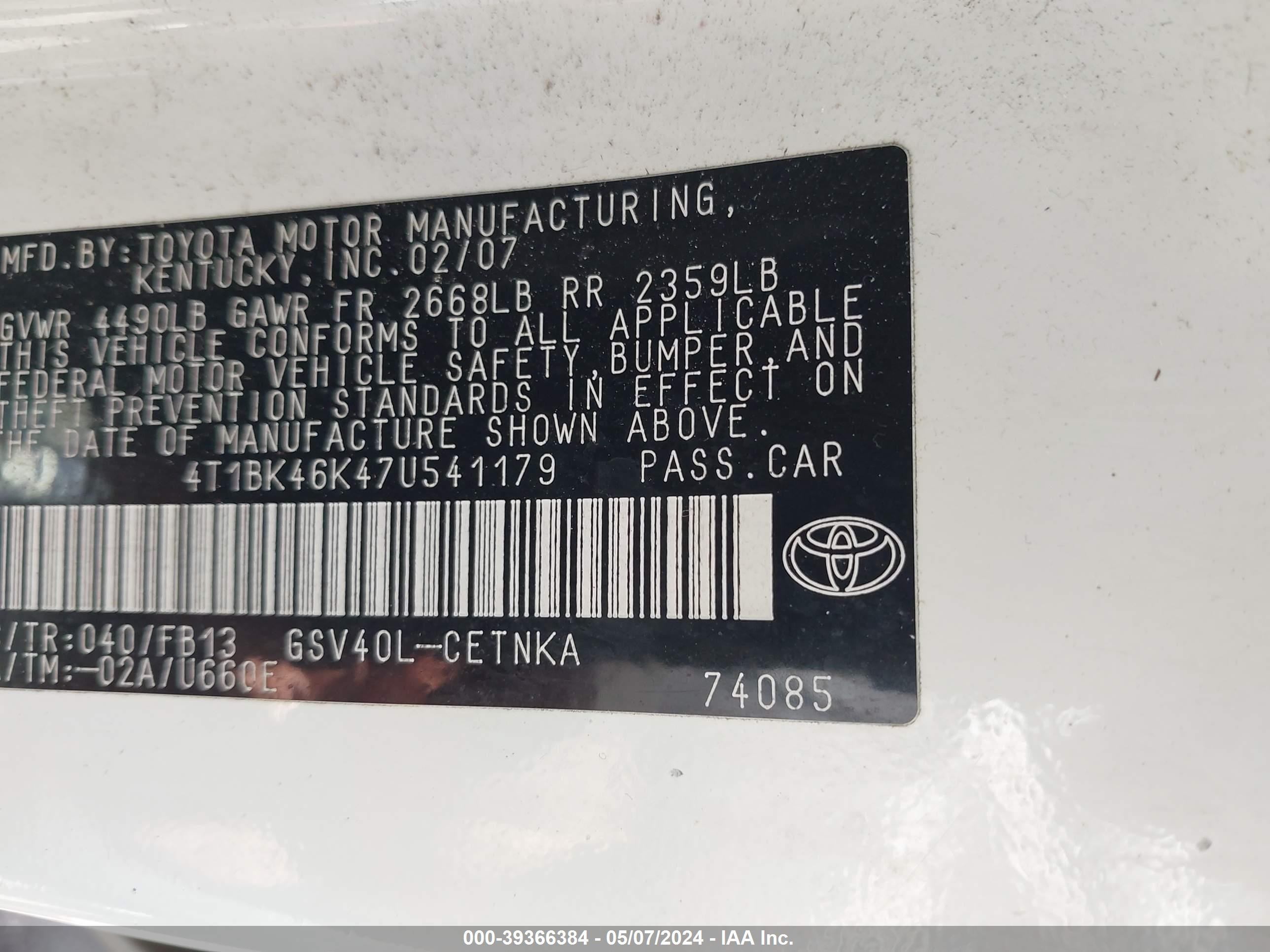 Photo 8 VIN: 4T1BK46K47U541179 - TOYOTA CAMRY 