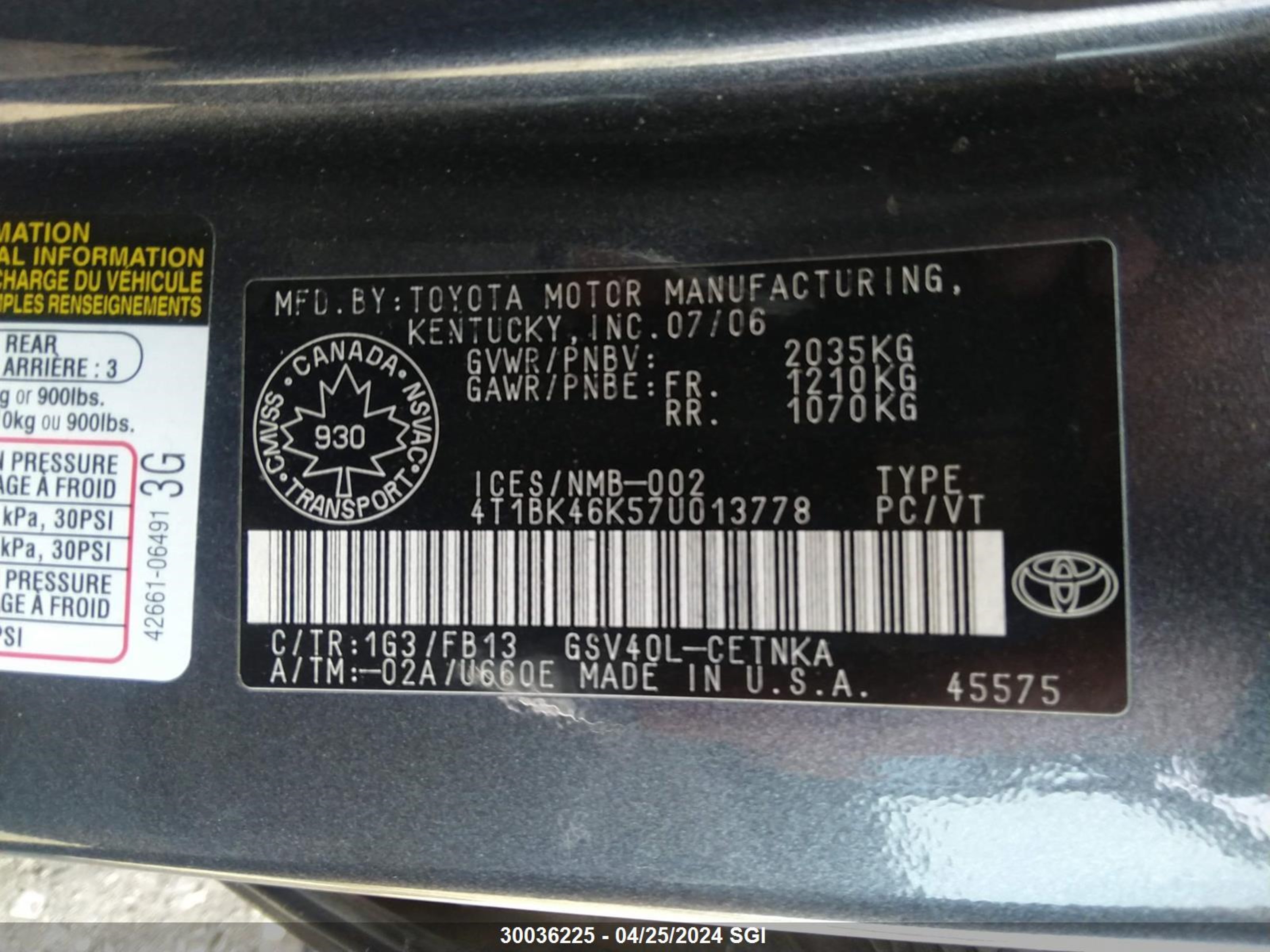 Photo 8 VIN: 4T1BK46K57U013778 - TOYOTA CAMRY 