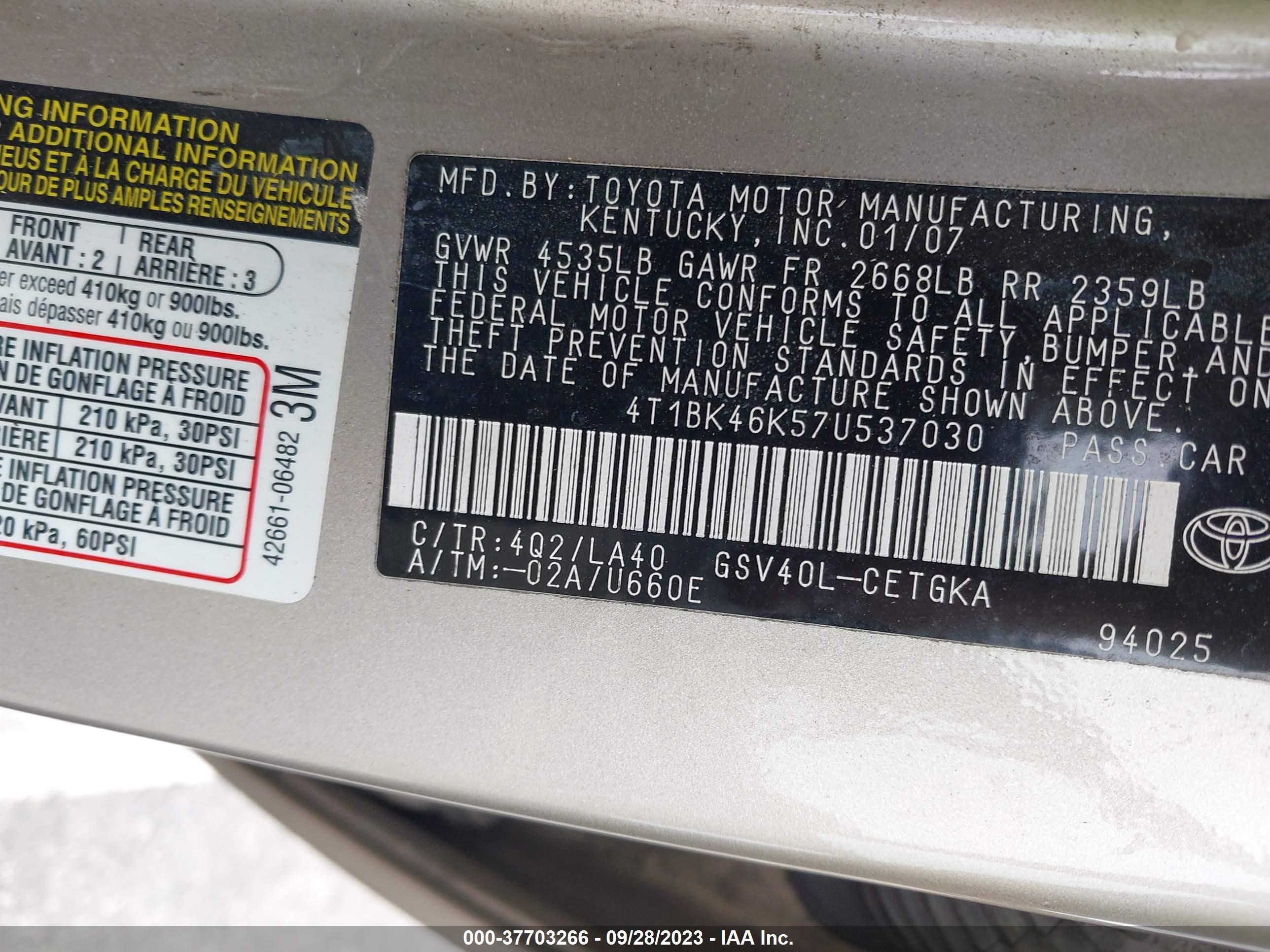 Photo 8 VIN: 4T1BK46K57U537030 - TOYOTA CAMRY 