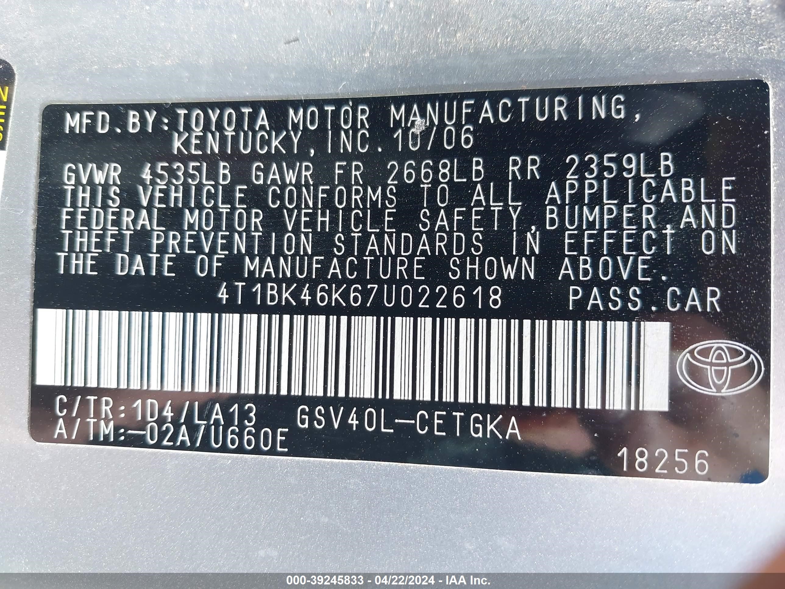 Photo 8 VIN: 4T1BK46K67U022618 - TOYOTA CAMRY 