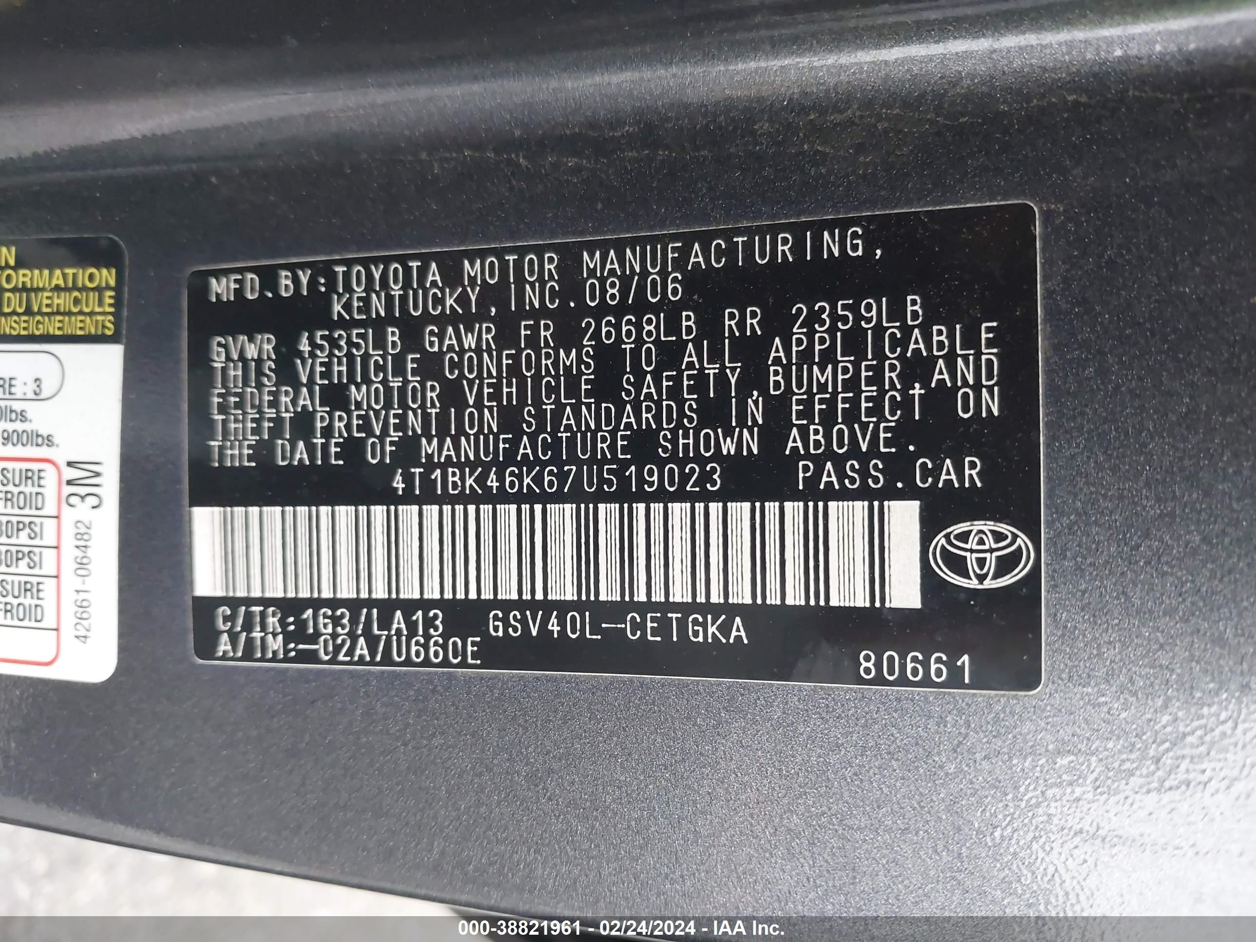 Photo 8 VIN: 4T1BK46K67U519023 - TOYOTA CAMRY 