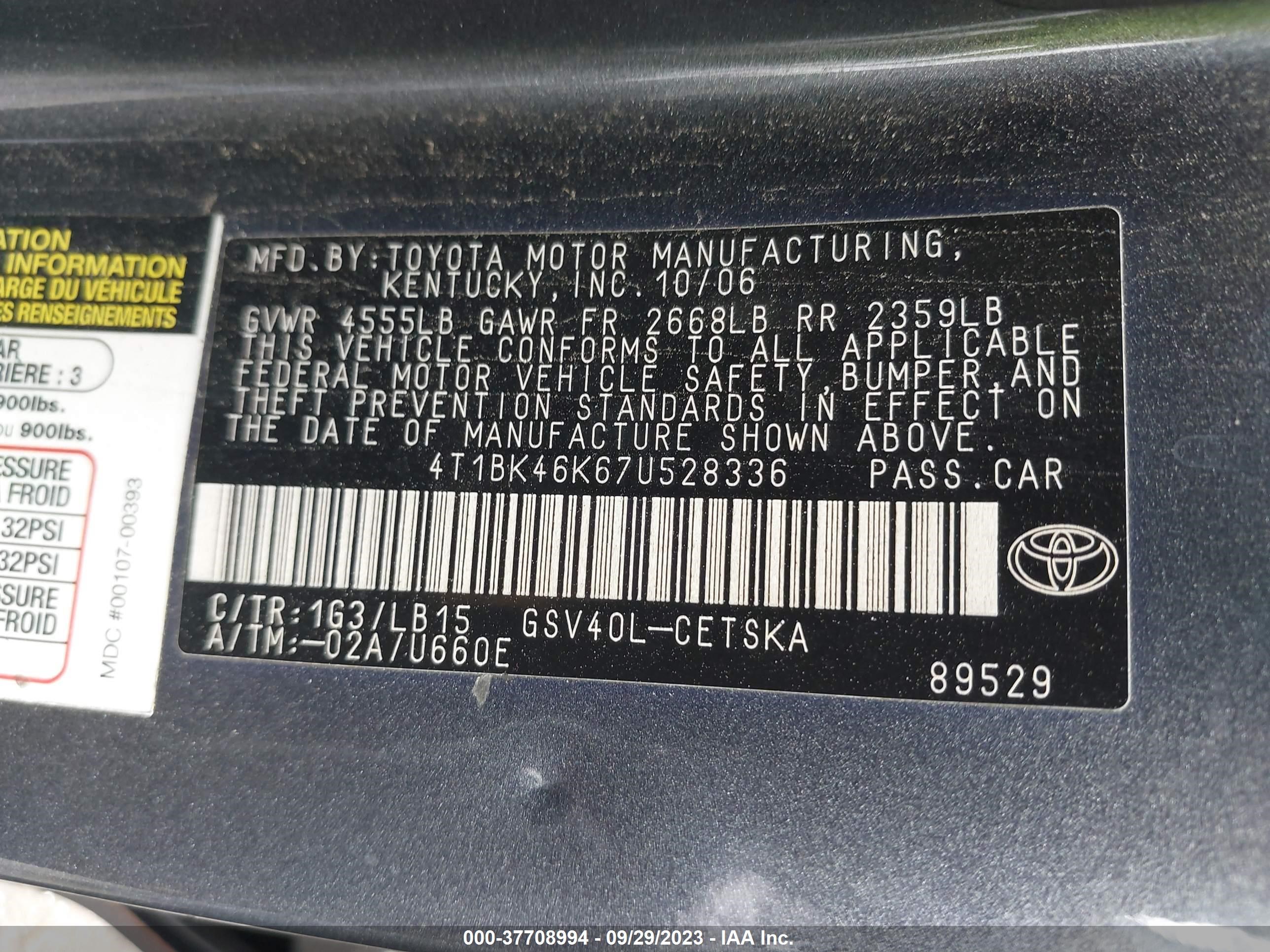 Photo 8 VIN: 4T1BK46K67U528336 - TOYOTA CAMRY 