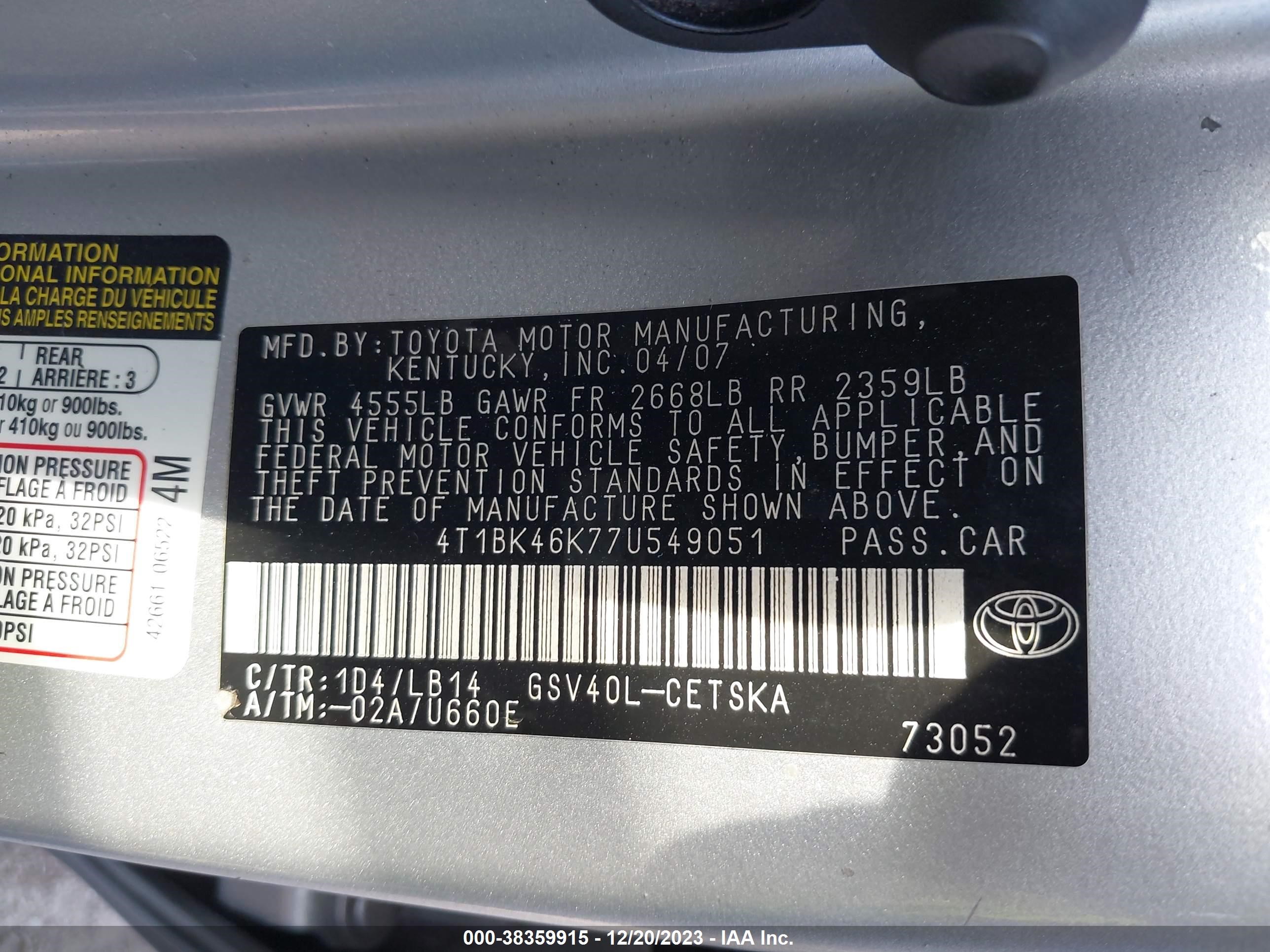 Photo 8 VIN: 4T1BK46K77U549051 - TOYOTA CAMRY 