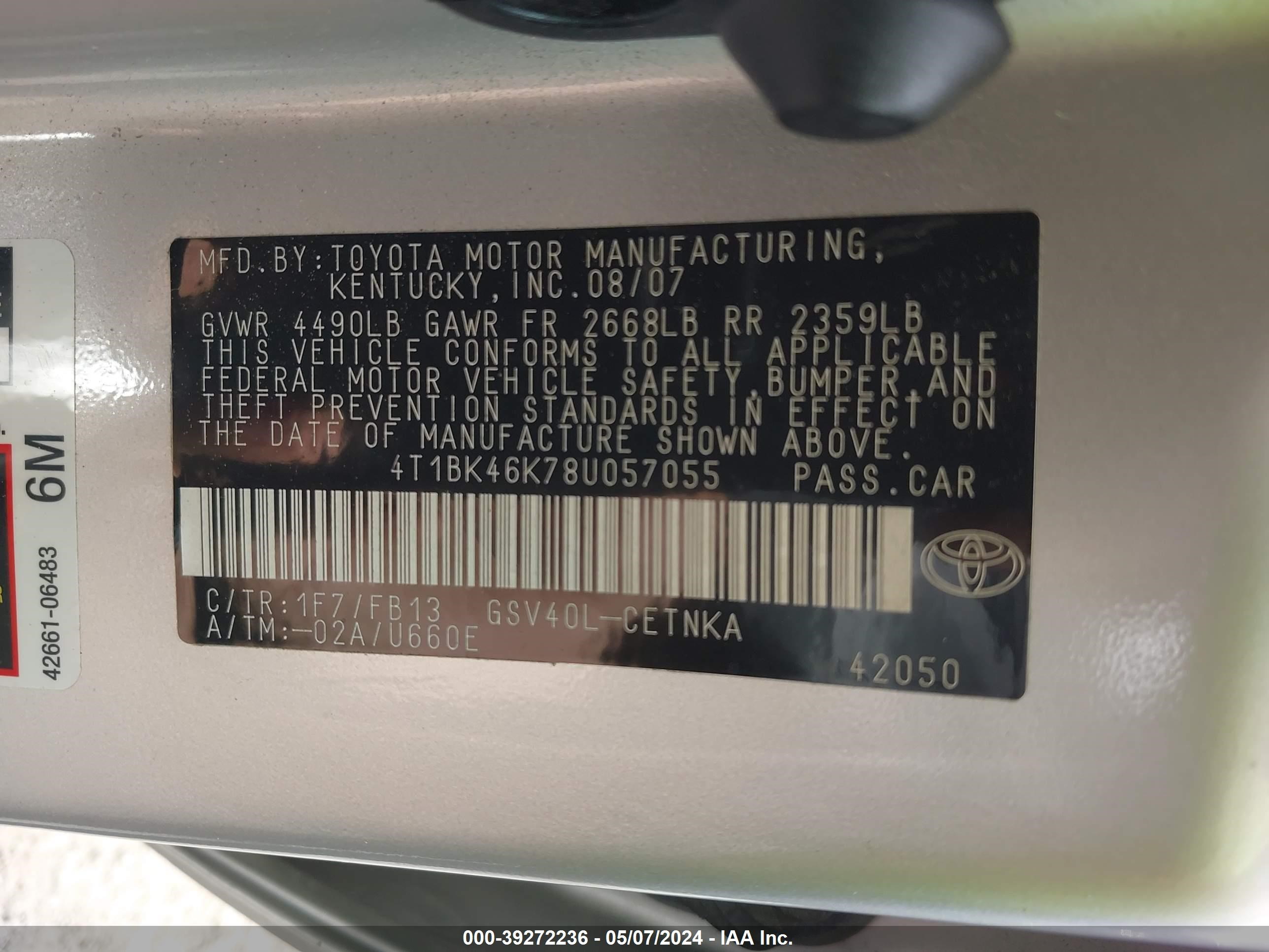 Photo 8 VIN: 4T1BK46K78U057055 - TOYOTA CAMRY 