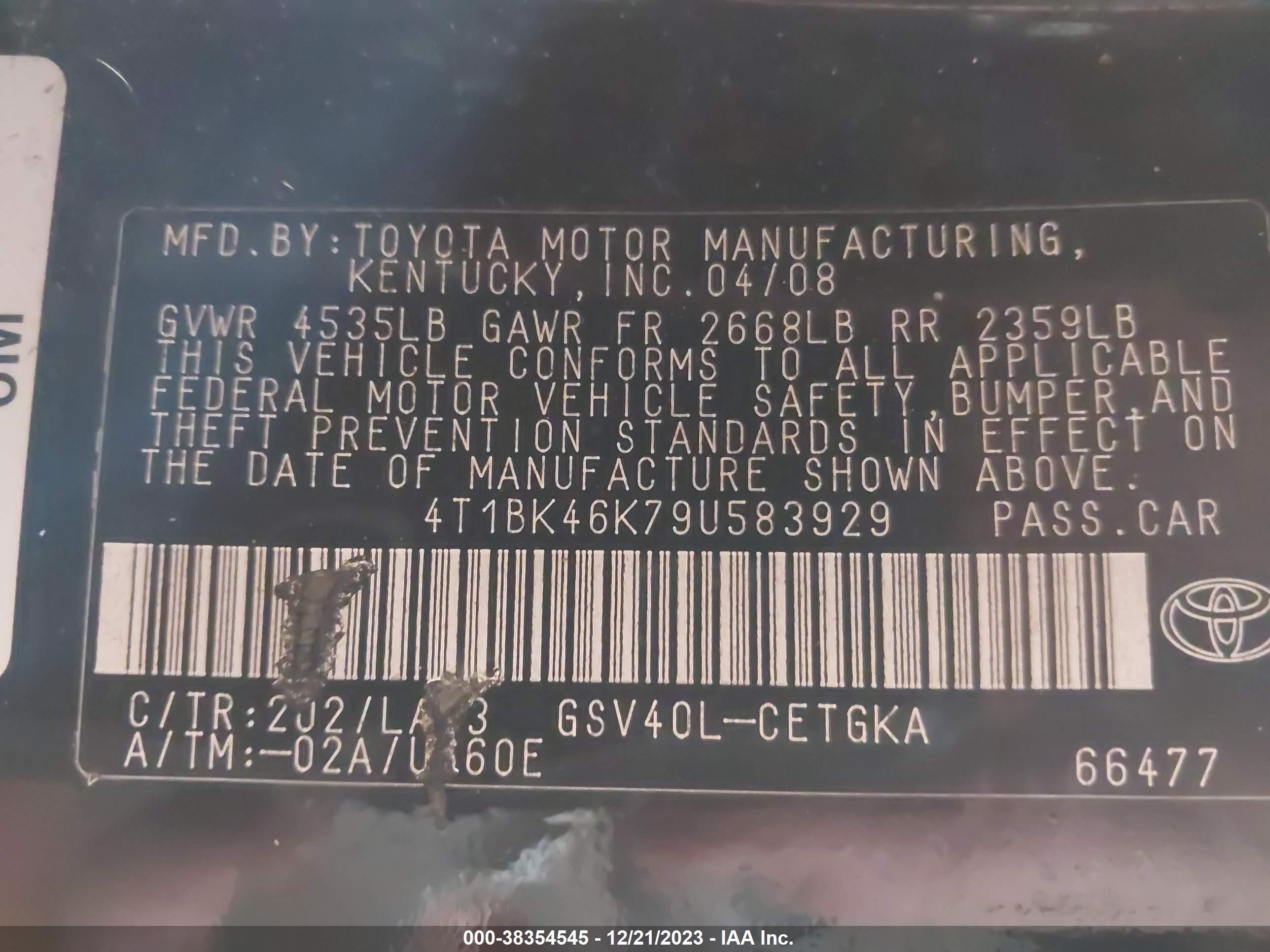 Photo 8 VIN: 4T1BK46K79U583929 - TOYOTA CAMRY 