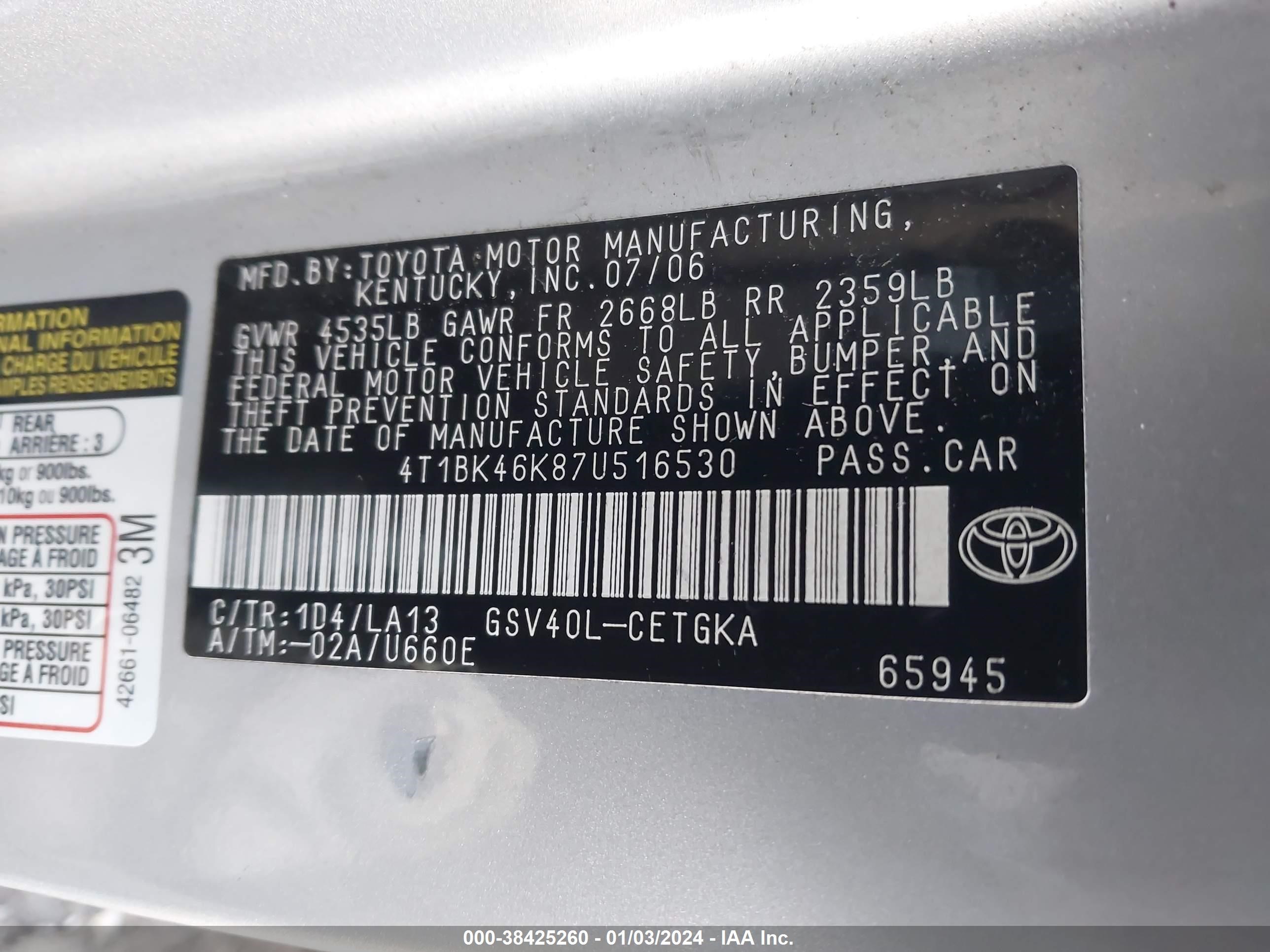 Photo 8 VIN: 4T1BK46K87U516530 - TOYOTA CAMRY 