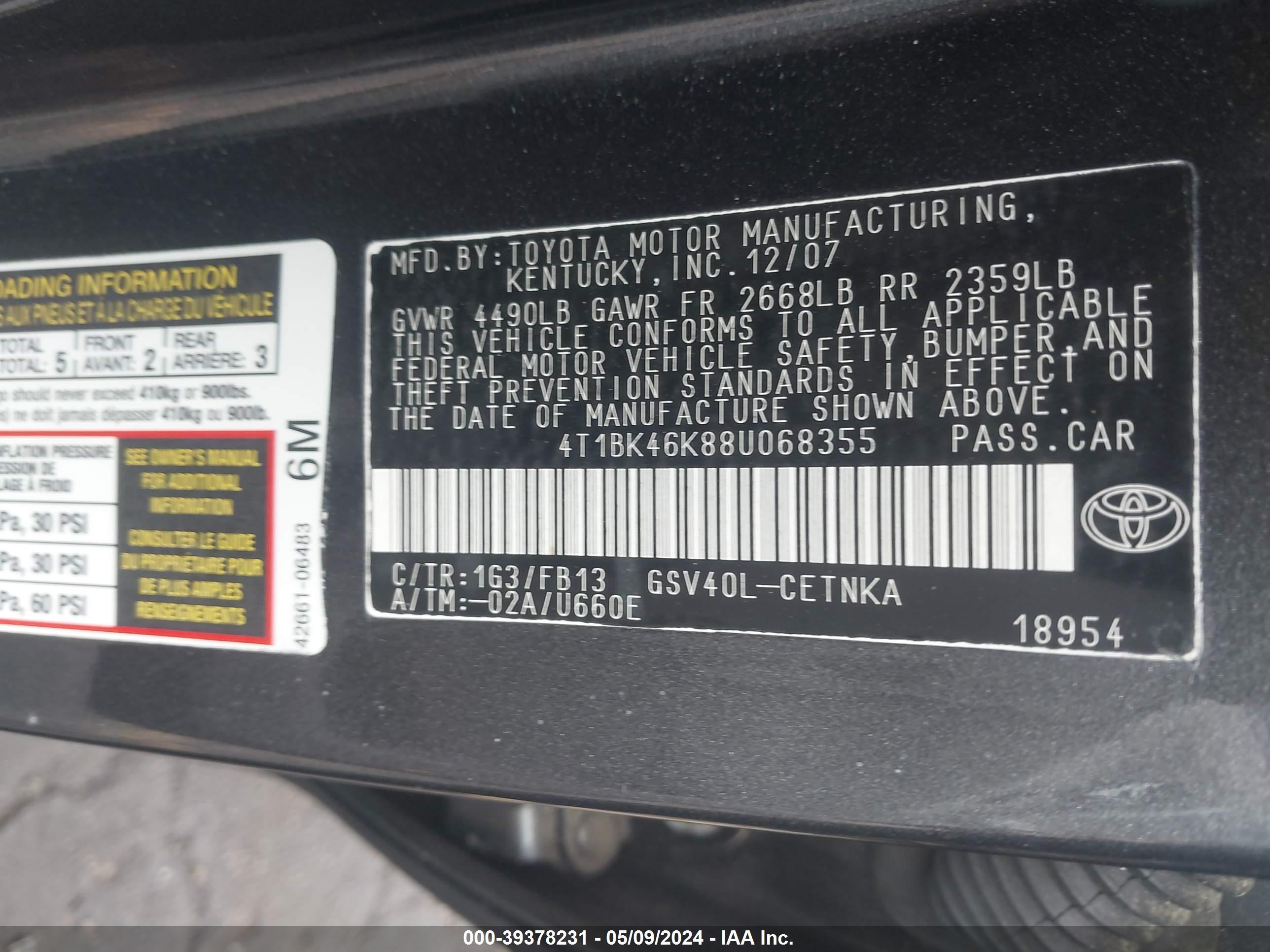 Photo 8 VIN: 4T1BK46K88U068355 - TOYOTA CAMRY 