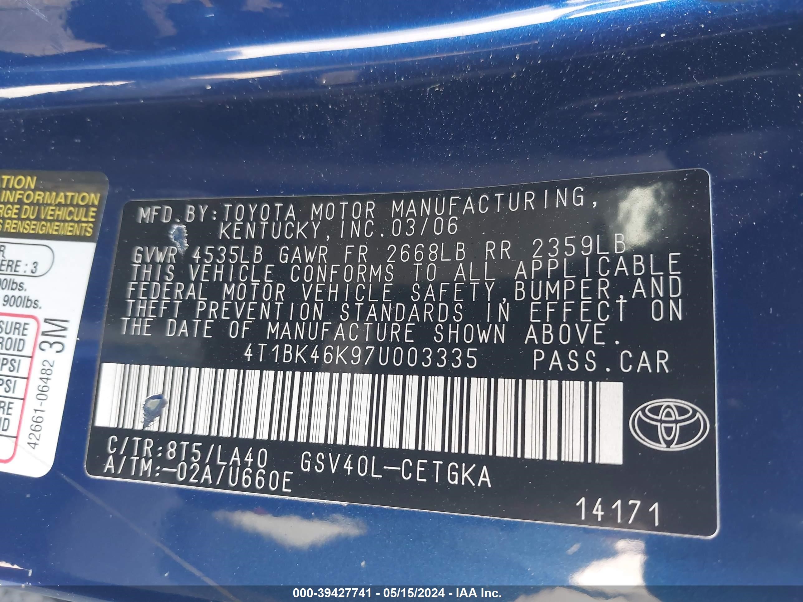 Photo 8 VIN: 4T1BK46K97U003335 - TOYOTA CAMRY 