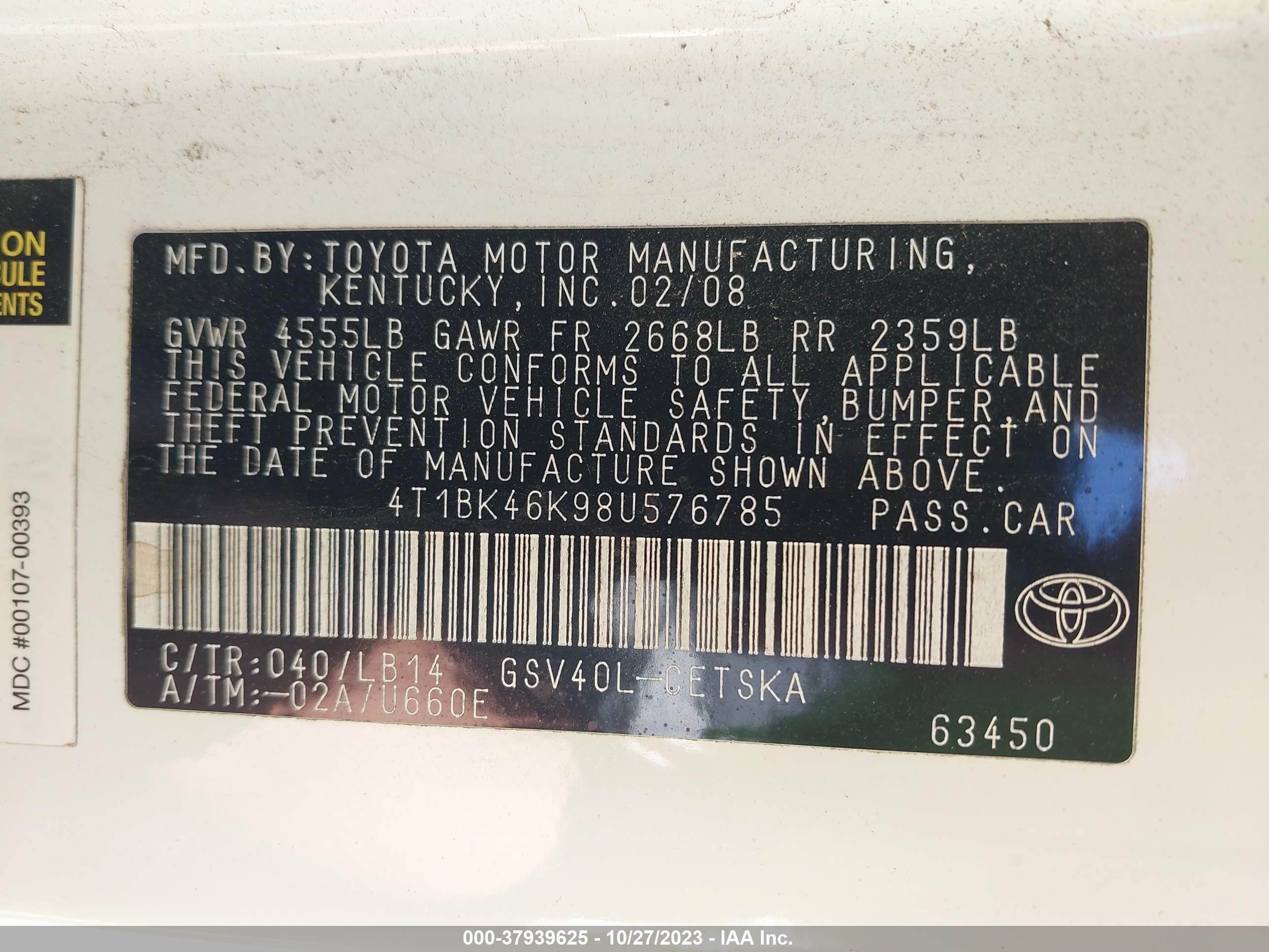 Photo 8 VIN: 4T1BK46K98U576785 - TOYOTA CAMRY 