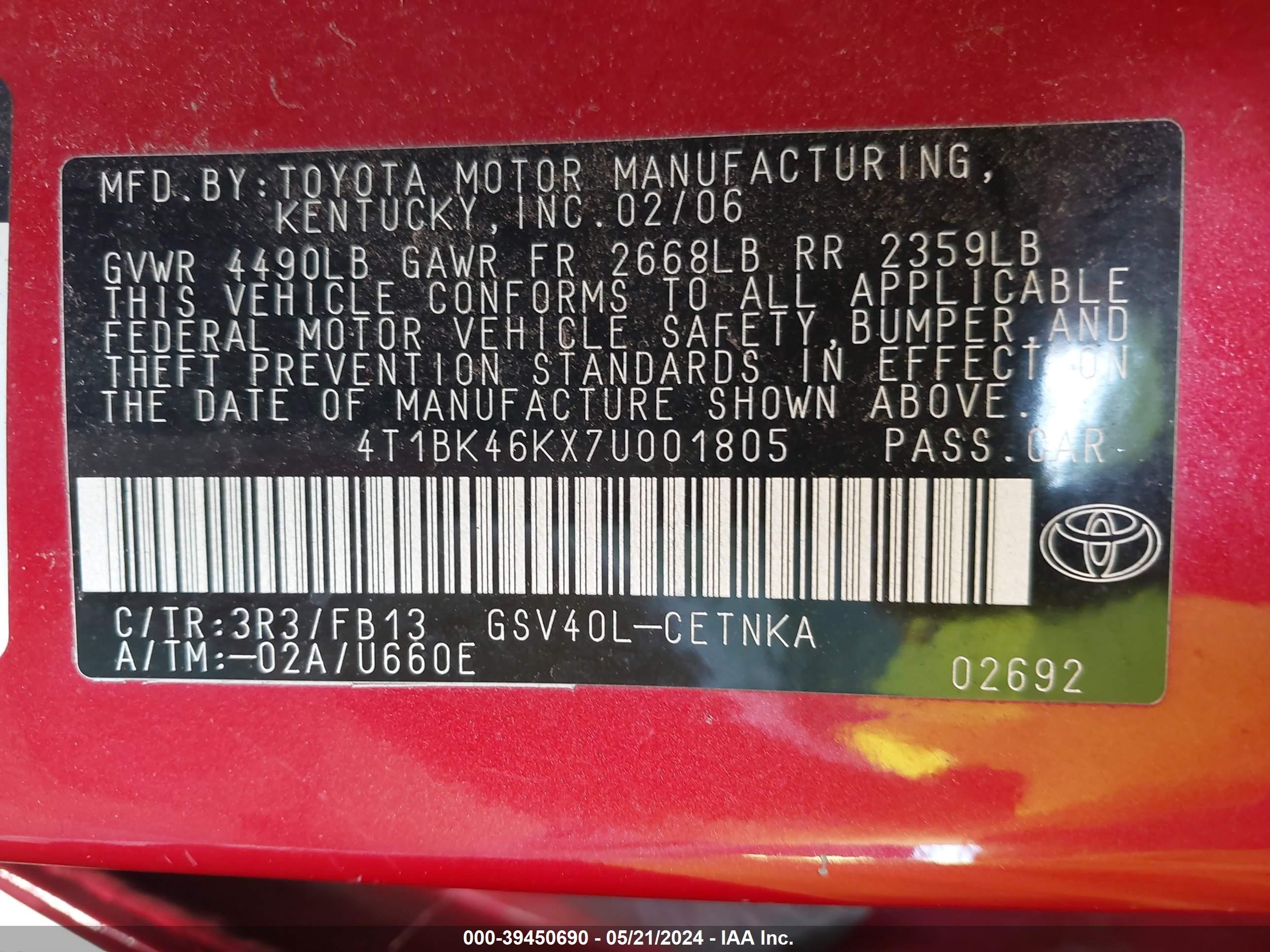 Photo 8 VIN: 4T1BK46KX7U001805 - TOYOTA CAMRY 