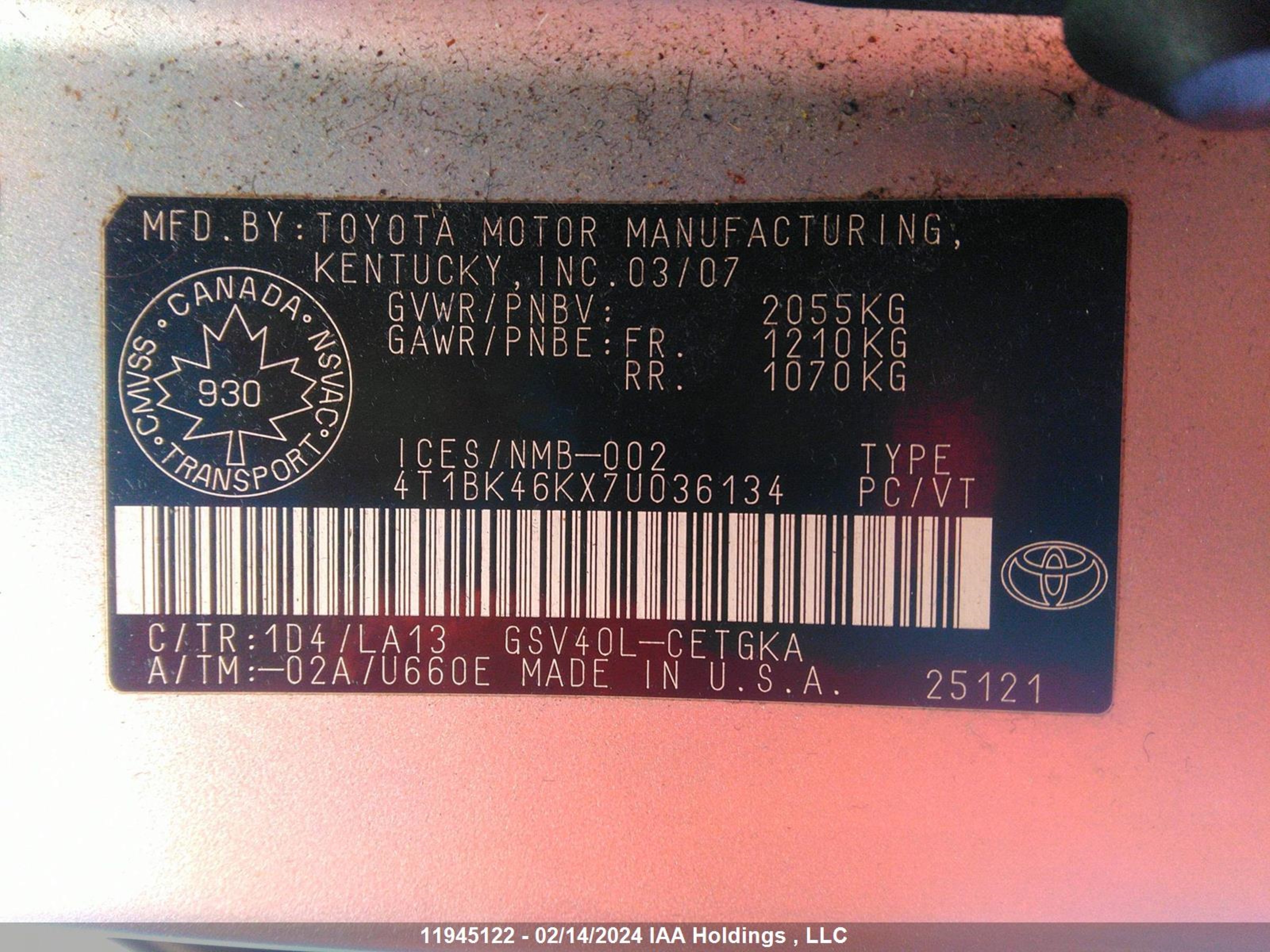 Photo 8 VIN: 4T1BK46KX7U036134 - TOYOTA CAMRY 