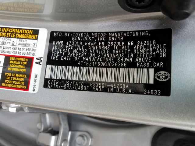 Photo 9 VIN: 4T1BZ1FB0KU036386 - TOYOTA AVALON XLE 